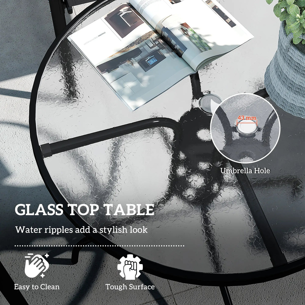 Five-Piece Steel Patio Set, Glass-Top Table, Black