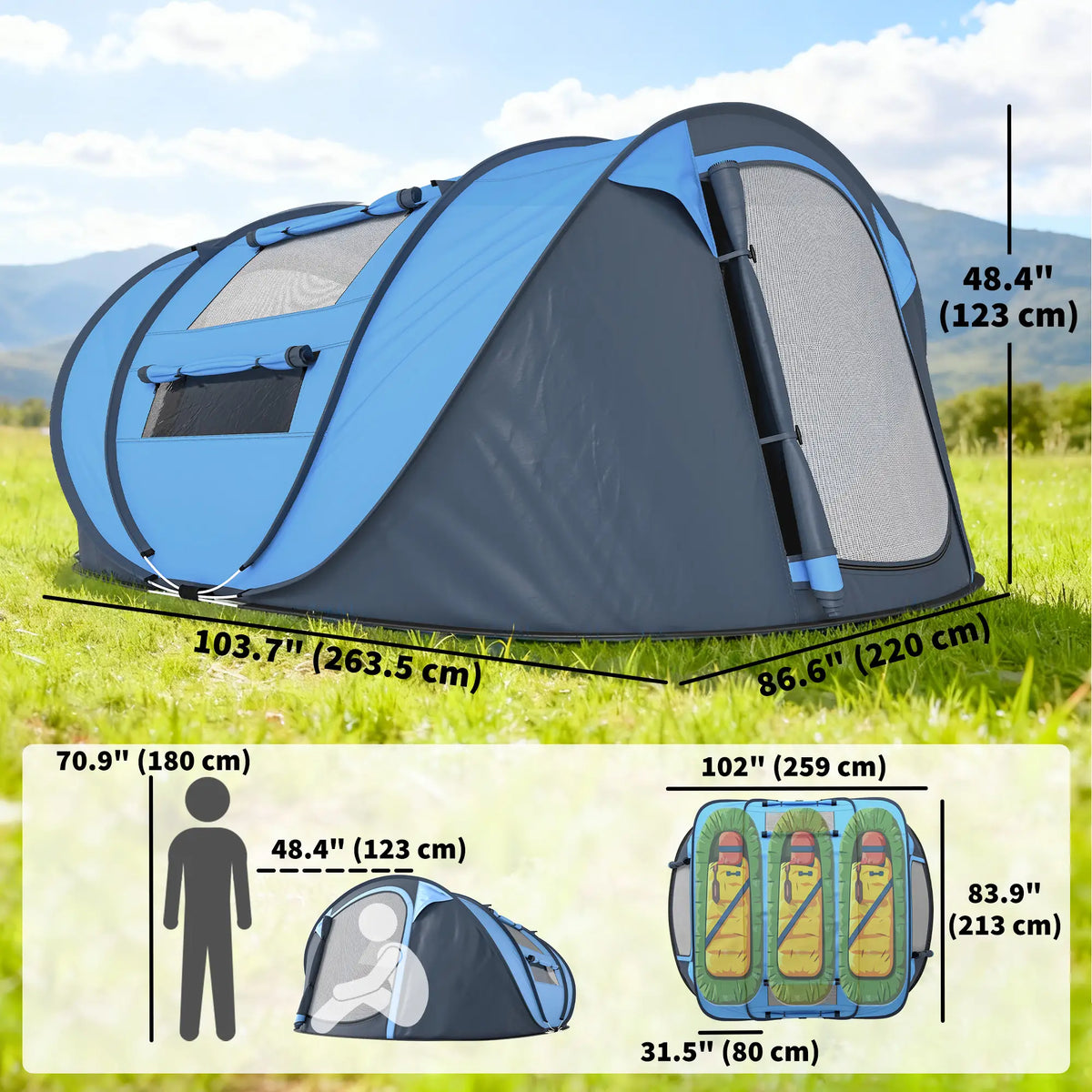 4 Person Pop Up Tent, Automatic Setup, With Doors, Windows, Carry Bag, Blue Camping Tents at Gallery Canada