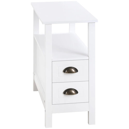 Slim End Table with 2 Drawers, Storage Shelf, White Side Tables White at Gallery Canada