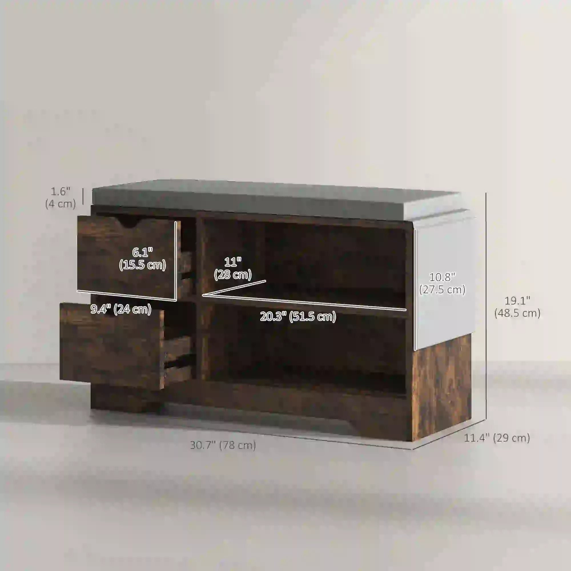 Upholstered Shoe Storage Bench, Seat w/ Drawer, Rustic Brown Shoe Storage Cabinets & Racks at Gallery Canada