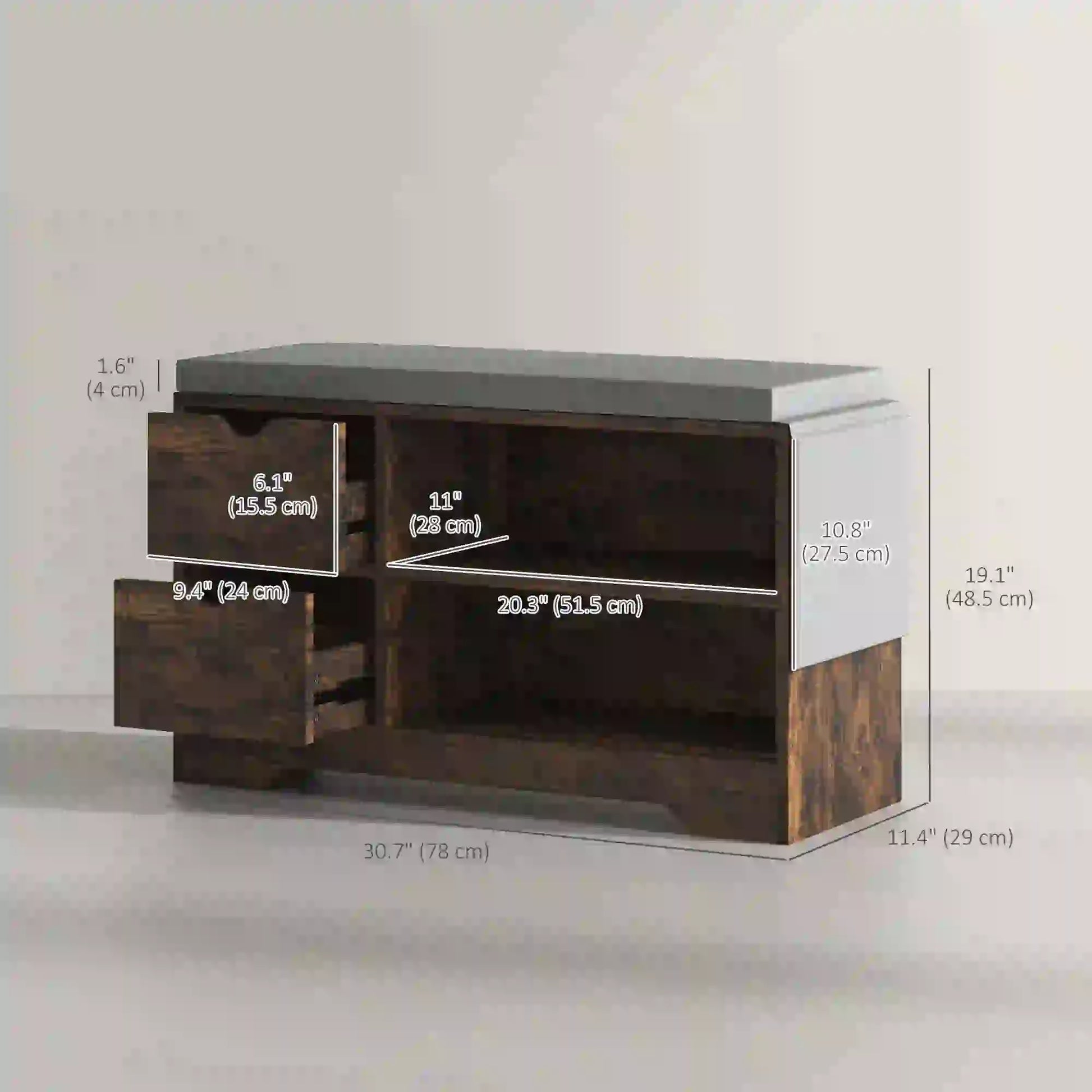 Upholstered Shoe Storage Bench, Seat w/ Drawer, Rustic Brown Shoe Storage Cabinets & Racks at Gallery Canada