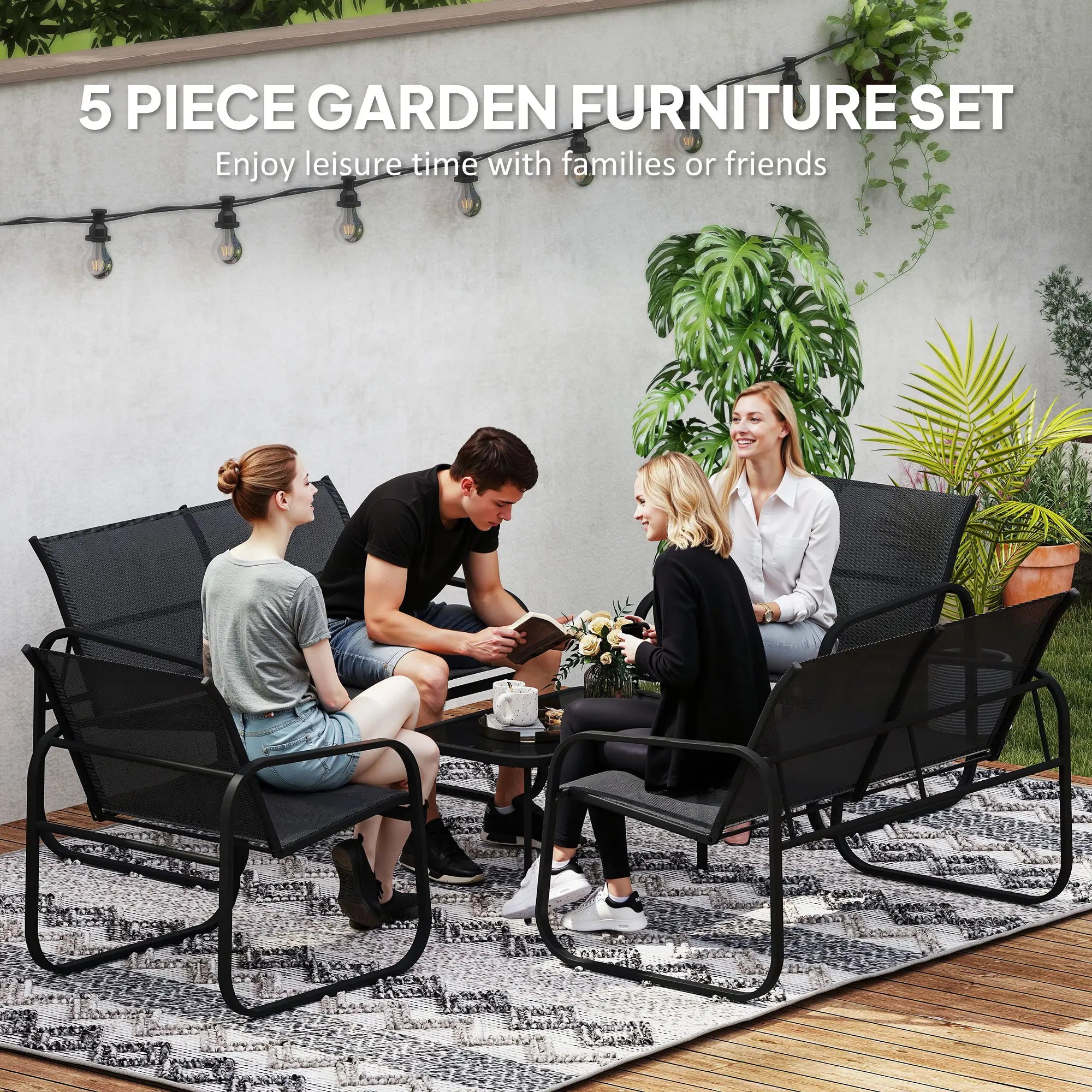 4 Piece Patio Furniture Set, 2 Loveseats, 2 Armchairs, Glass Table, Black Patio Furniture Sets at Gallery Canada