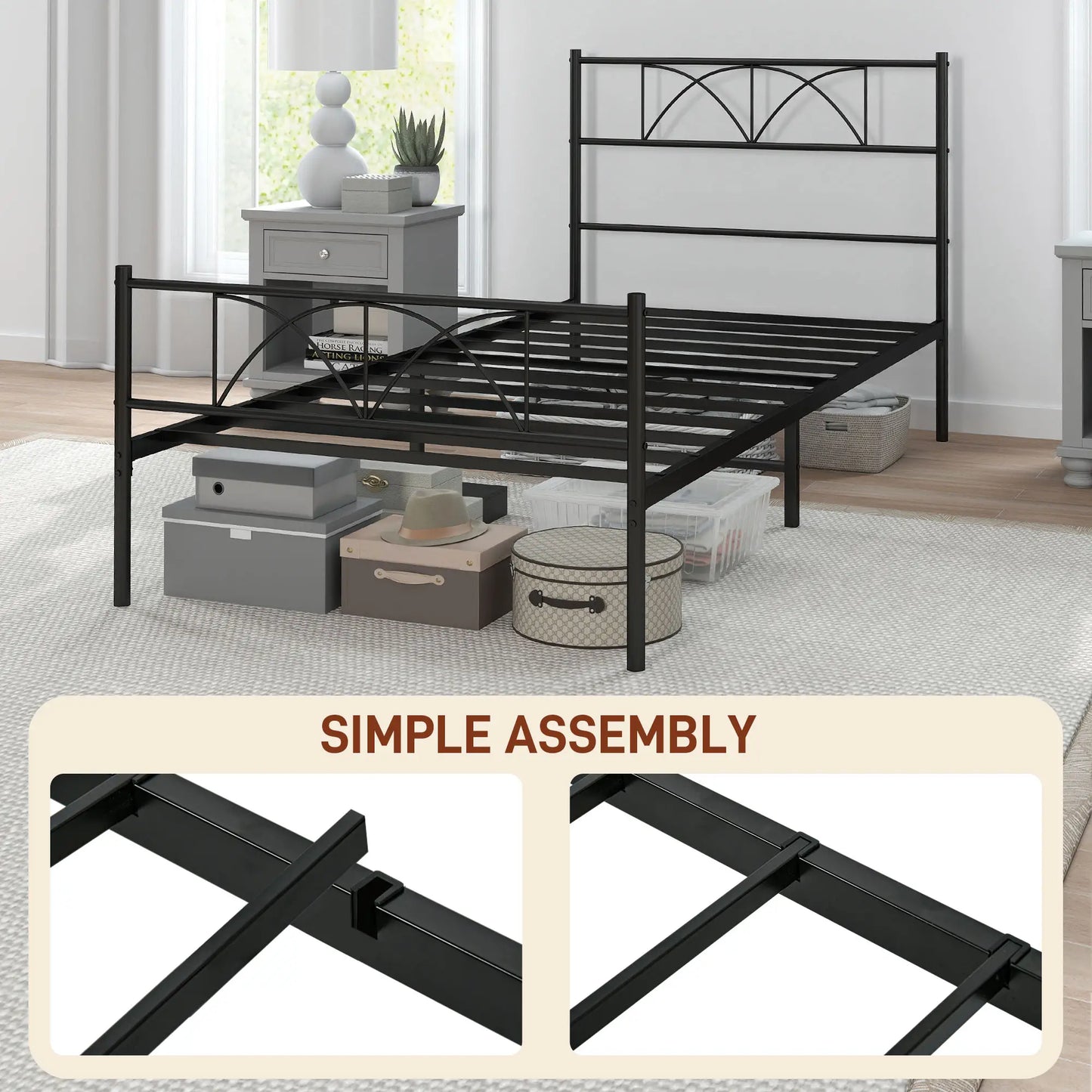 Metal Twin Bed Frame with Headboard, Steel Slat Support, Underbed Storage Bed Frames at Gallery Canada