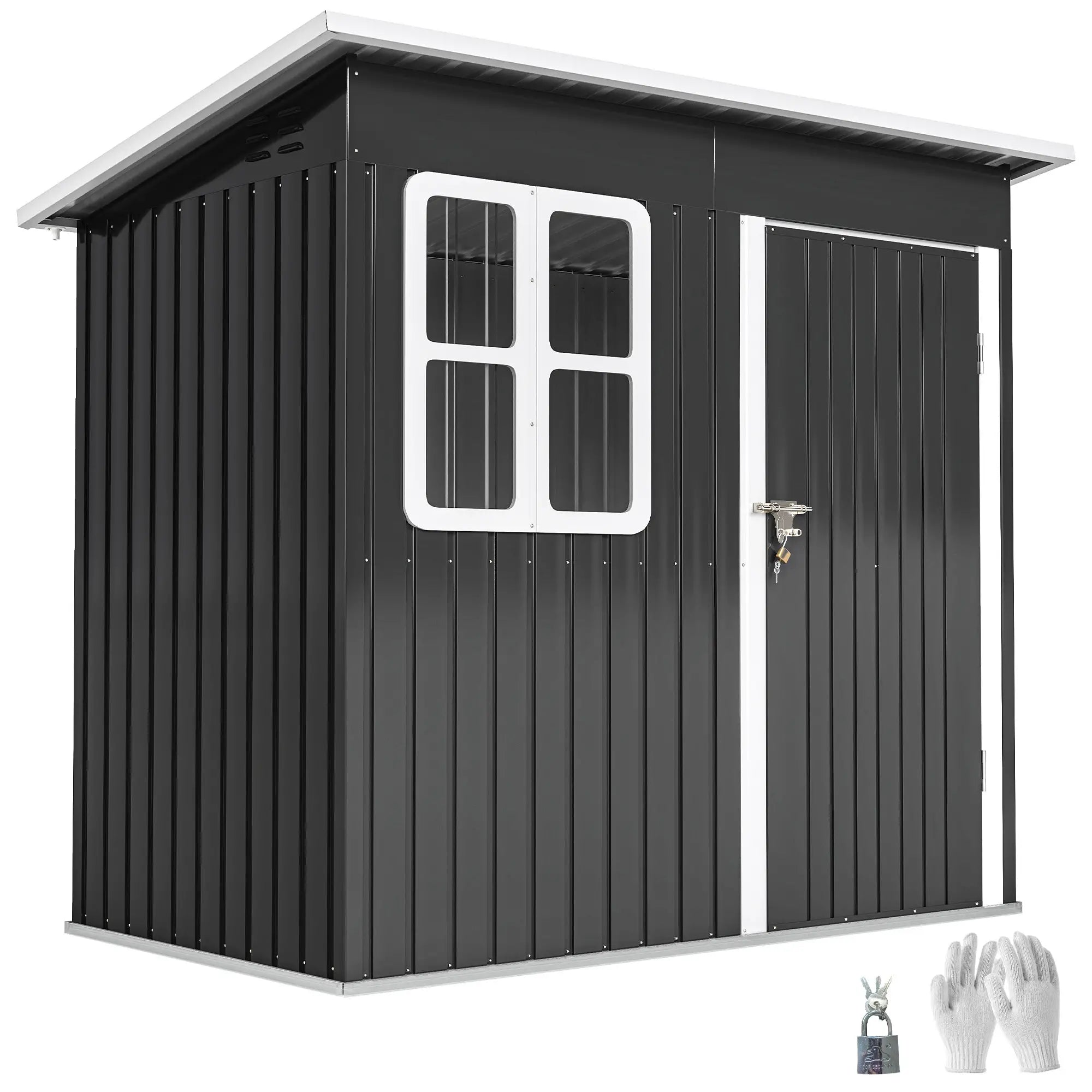 7' x 4' Galvanised Steel Outdoor Storage Shed, Window, Lockable Door, Dark Grey Sheds at Gallery Canada