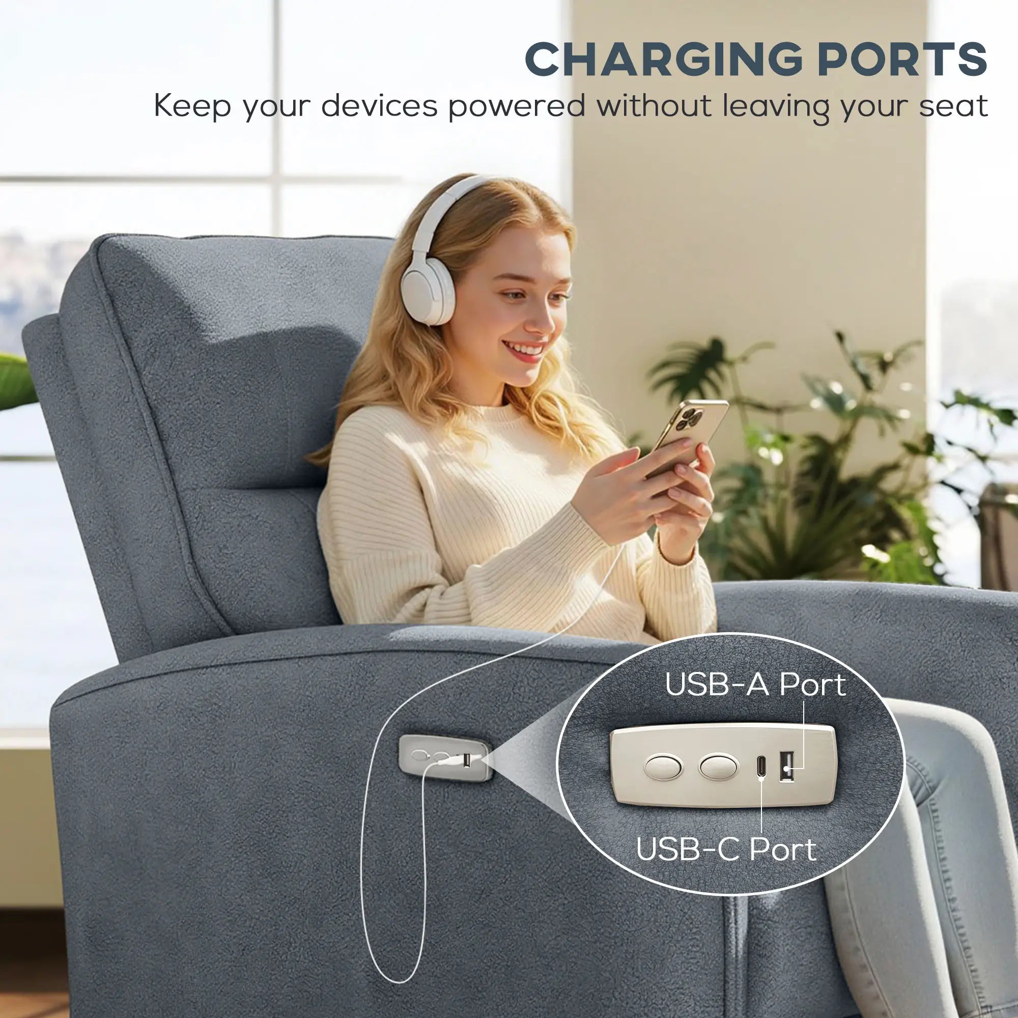 Fabric Recliner Chair, USB Ports, Footrest, Charcoal Grey Sofas & Reclining Chairs at Gallery Canada