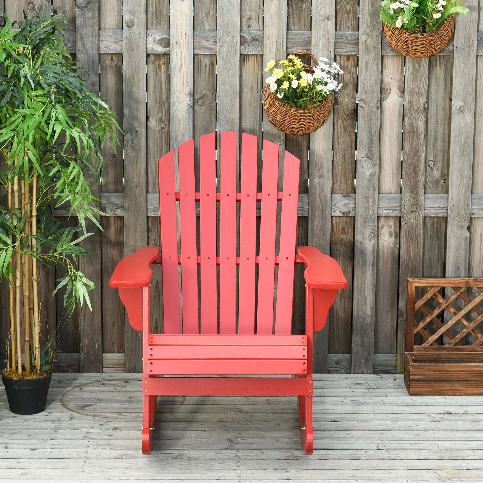 Wooden Adirondack Rocking Chair, Slatted Design, Fanned Back, Rustic, Red Outdoor Rocking Chairs at Gallery Canada