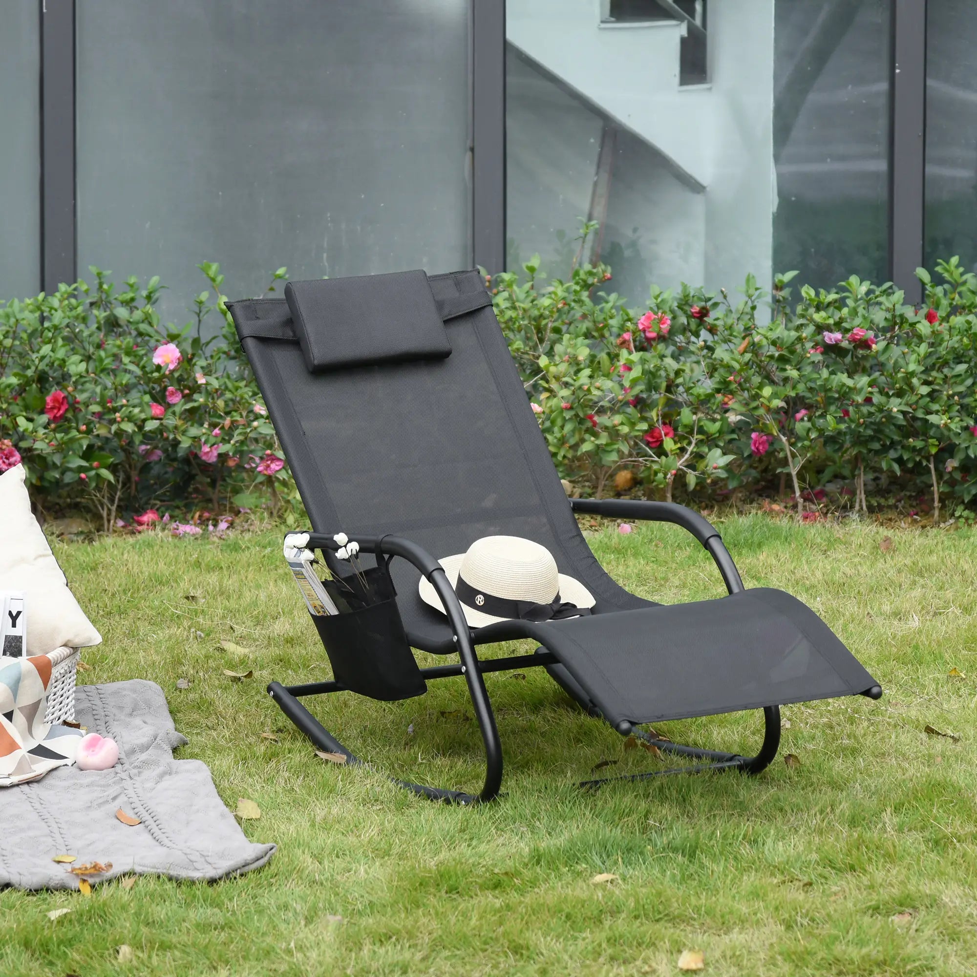 Outdoor Rocking Chair, Mesh Sling Lounger with Headrest, Black Outdoor Rocking Chairs at Gallery Canada