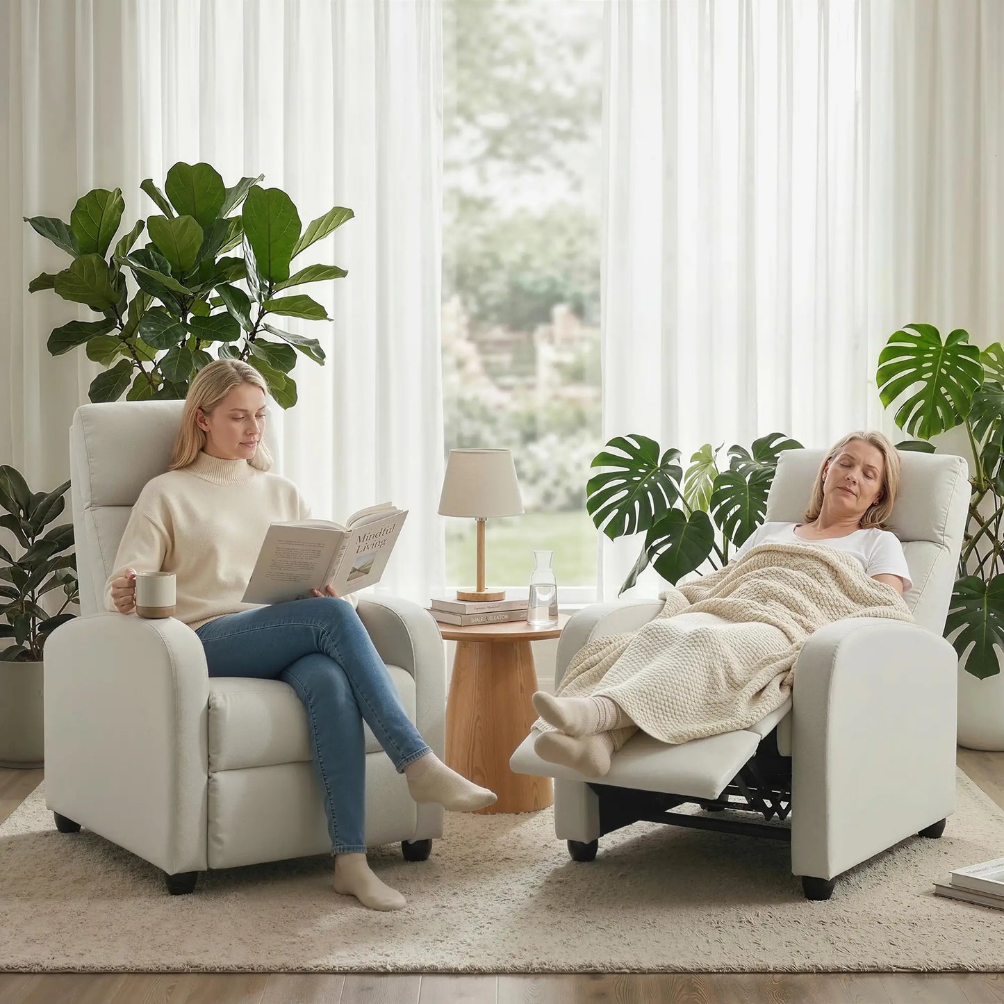 Fabric Recliner Chair, Manual Reclining Sofa, Padded Seat, Cream White Single Sofas at Gallery Canada