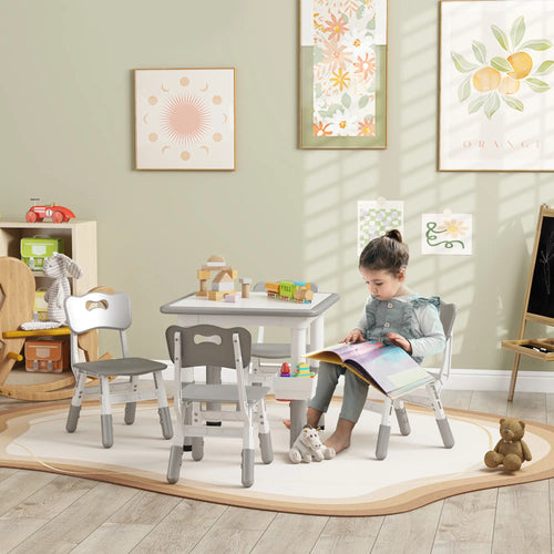 5 Pcs Toddler Table and Chair Set, Adjustable Height, Grey