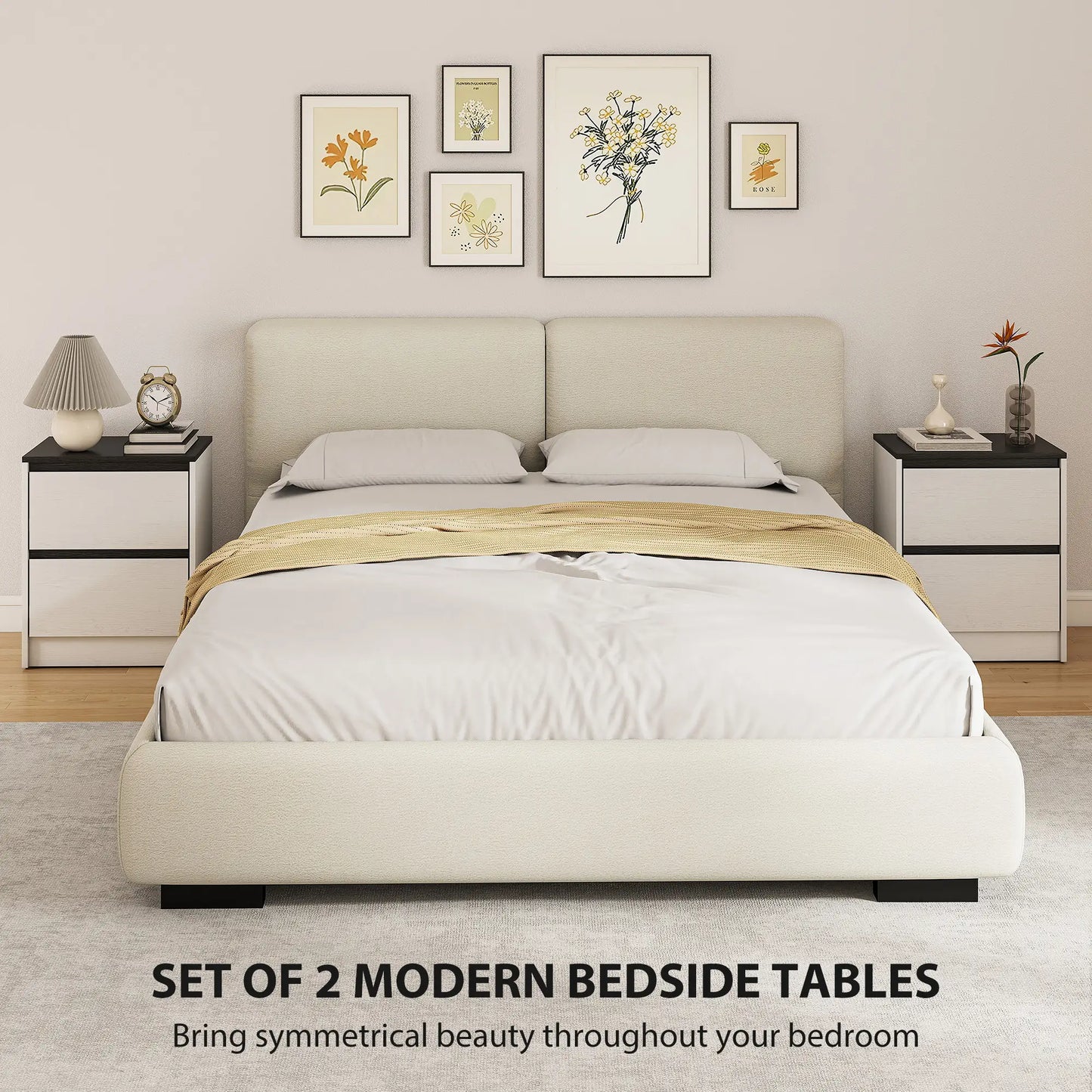 Modern Bedside Tables, Set of 2, 2 Drawers, White