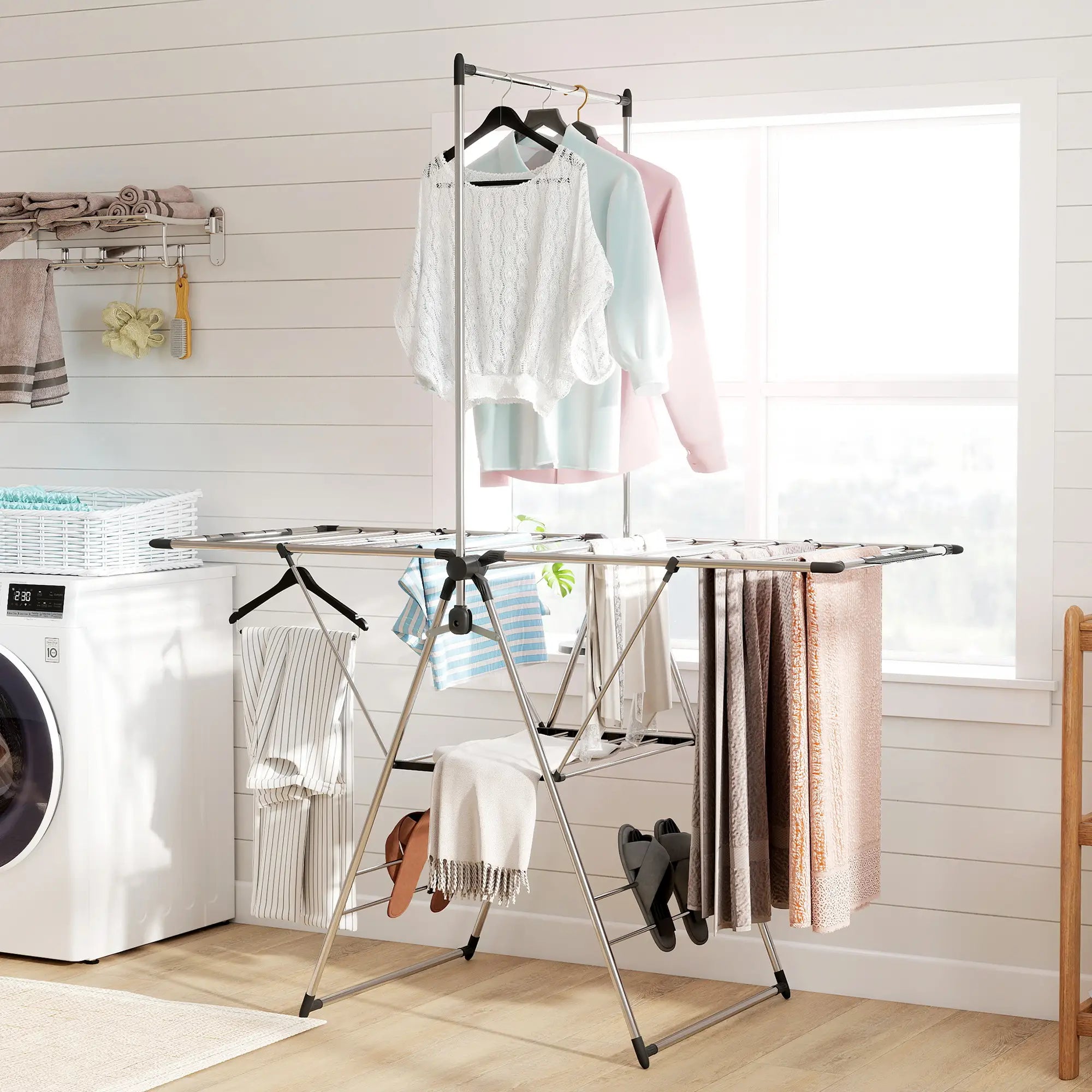 Foldable Stainless Steel Clothes Drying Rack, Adjustable Gullwings, Silver Bath Accessories at Gallery Canada