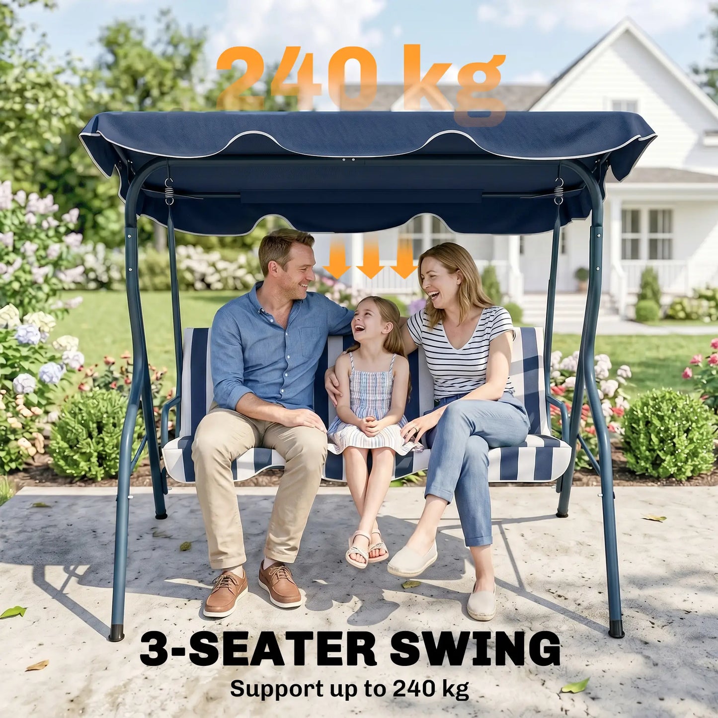 Outdoor Porch Swing, Adjustable Canopy, 3-Seater with Cushion, Blue Patio Swings with Stand at Gallery Canada