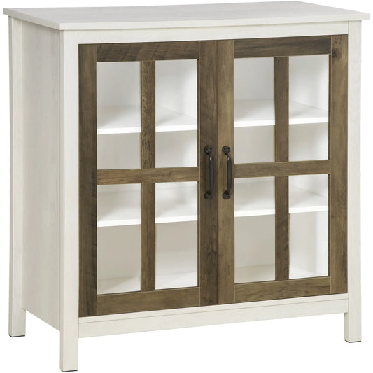 Glass Door Buffet Cabinet, 2 Doors, Adjustable Shelf, Distressed White, White Bar Cabinets Distressed White, Natural Wood Effect at Gallery Canada