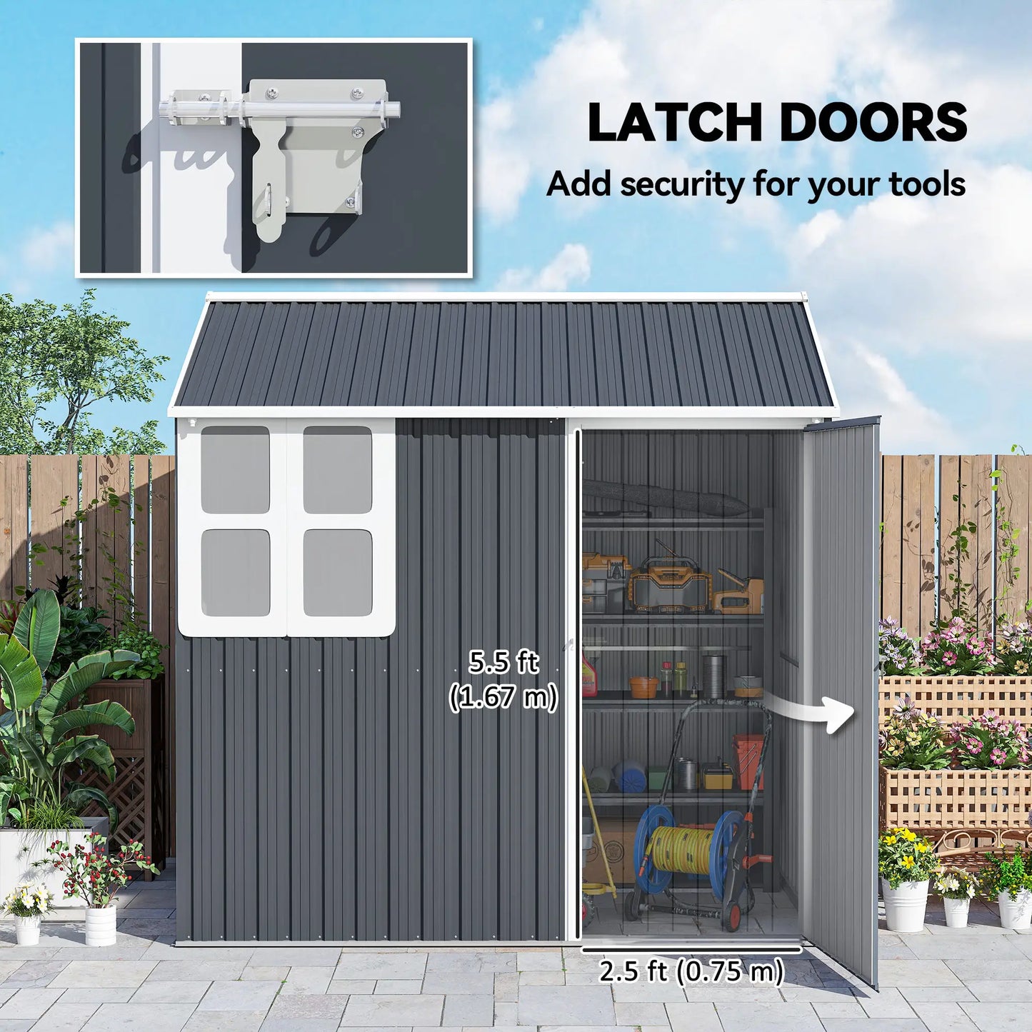 7' x 5.5' Metal Garden Shed, Outdoor Storage, Lockable Door, Dark Grey Sheds at Gallery Canada
