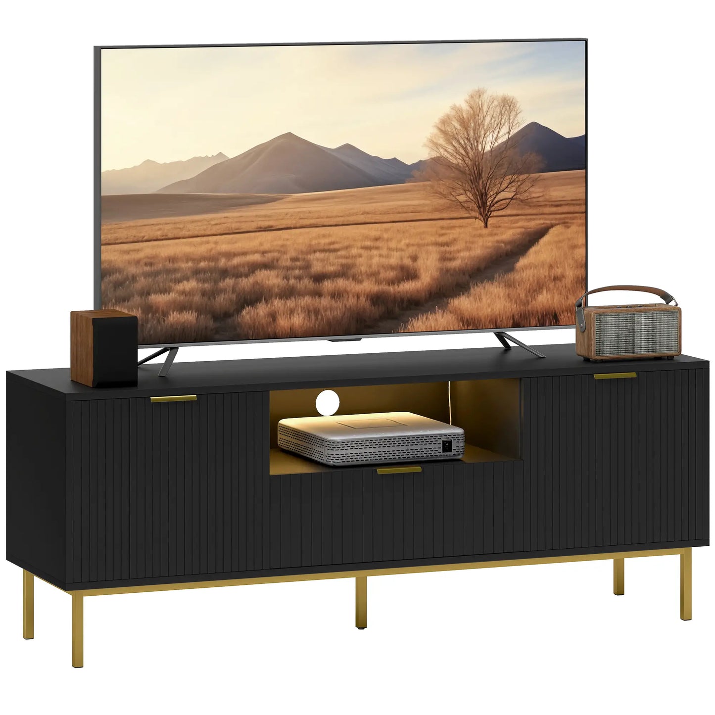Modern TV Console, 50 Inch, With RGB LED Lights, Soft Close Doors, Black TV Stands at Gallery Canada