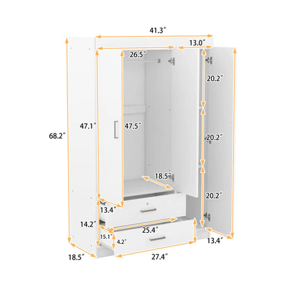 Modern Wardrobe, 2 Drawers, MDF Construction, 41.5" L x 18.5" W x 68" H, White Clothing Storage at Gallery Canada