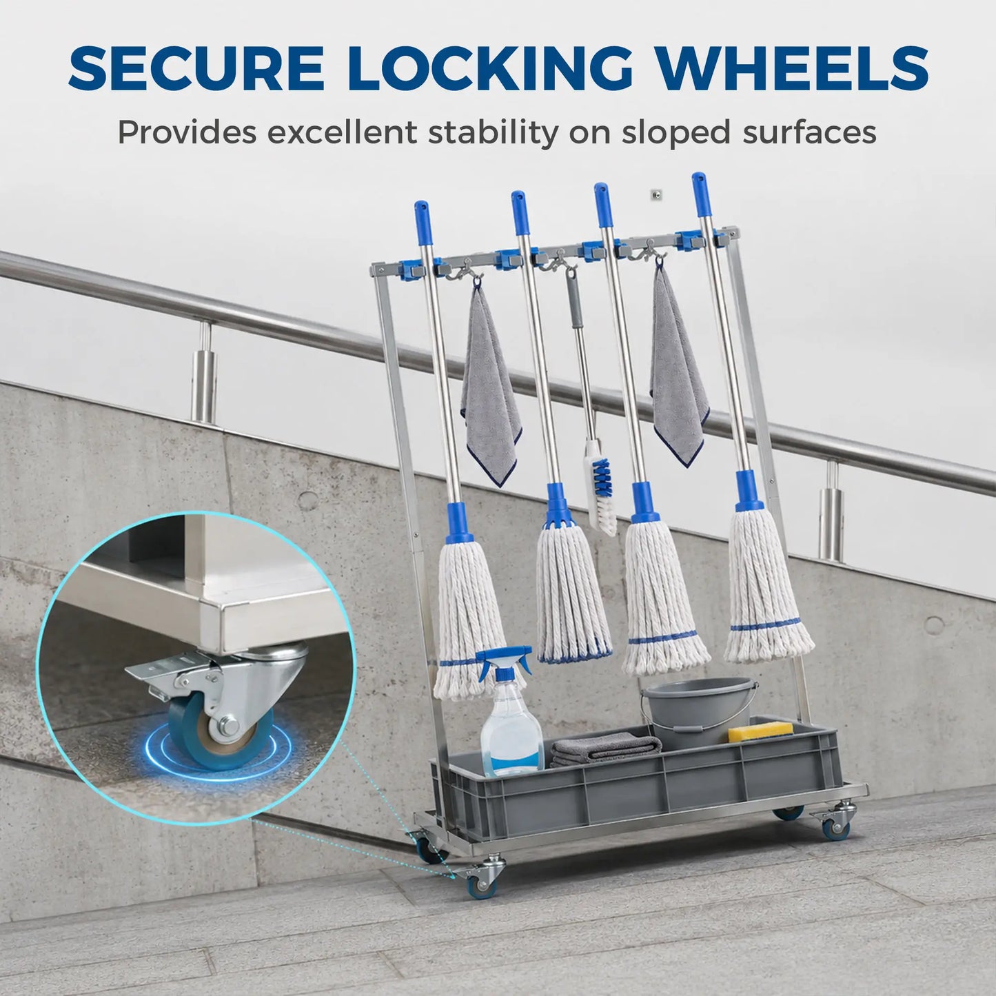 Cleaning Rolling Janitor Cart With Locking Wheels And Drip Tray