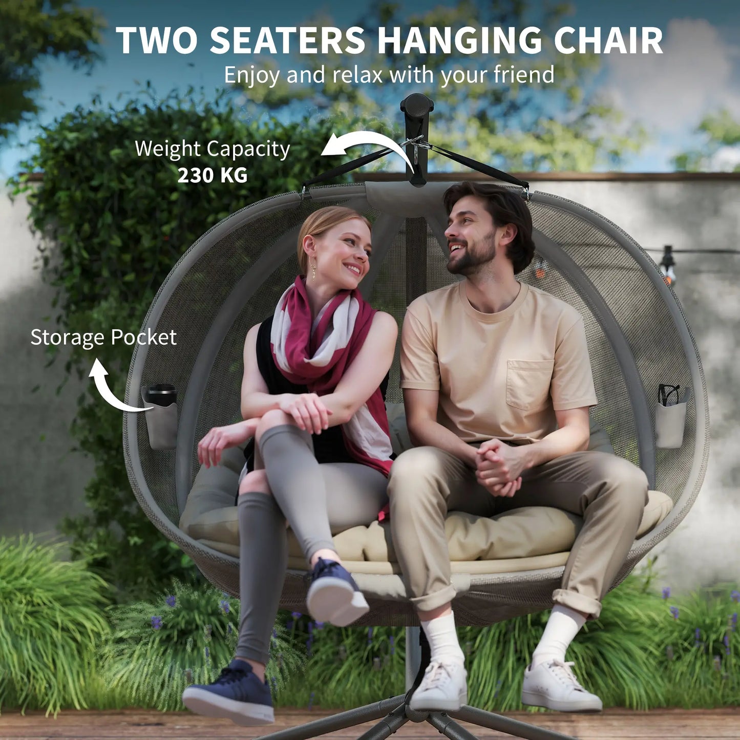 Double Egg Chair with Stand, 2 Person Hanging Swing, Khaki Patio Swings with Stand at Gallery Canada