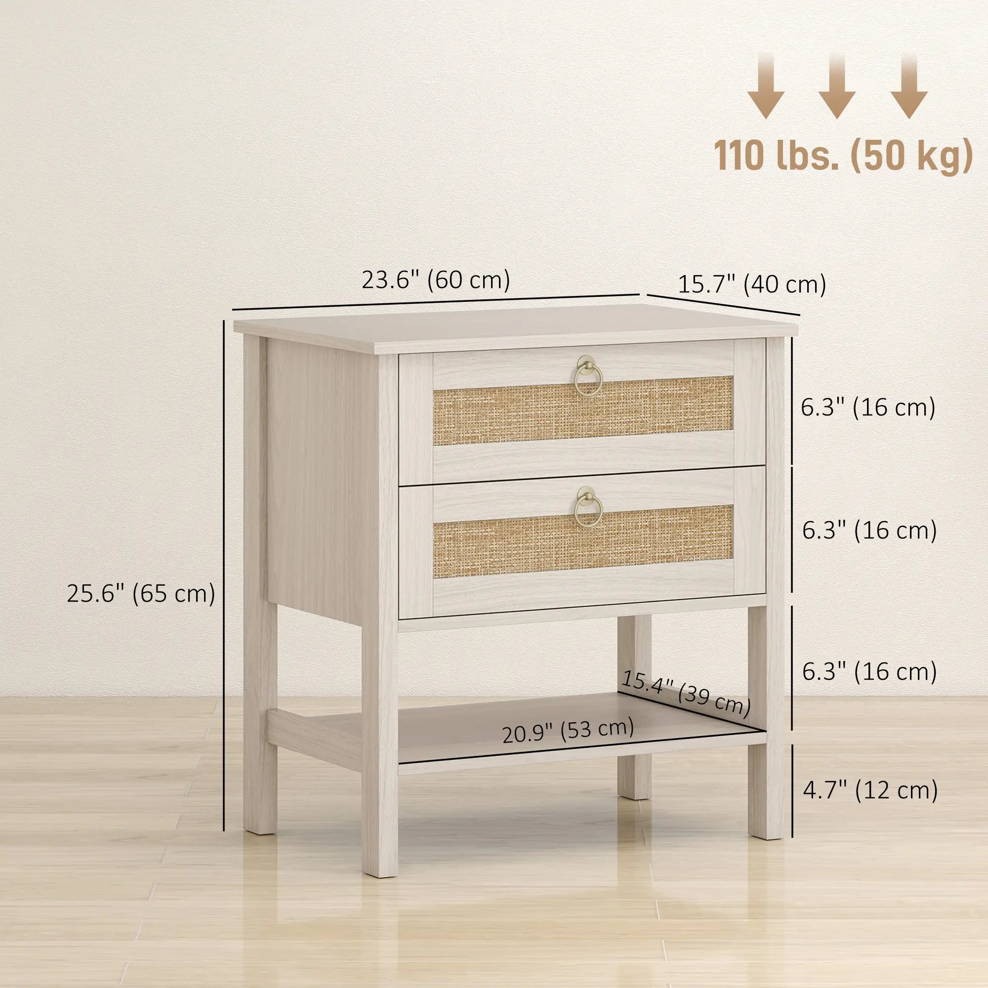 Set Of 2 Rattan Nightstands, 2 Drawers, Storage Shelf, White Oak Bedside Tables at Gallery Canada