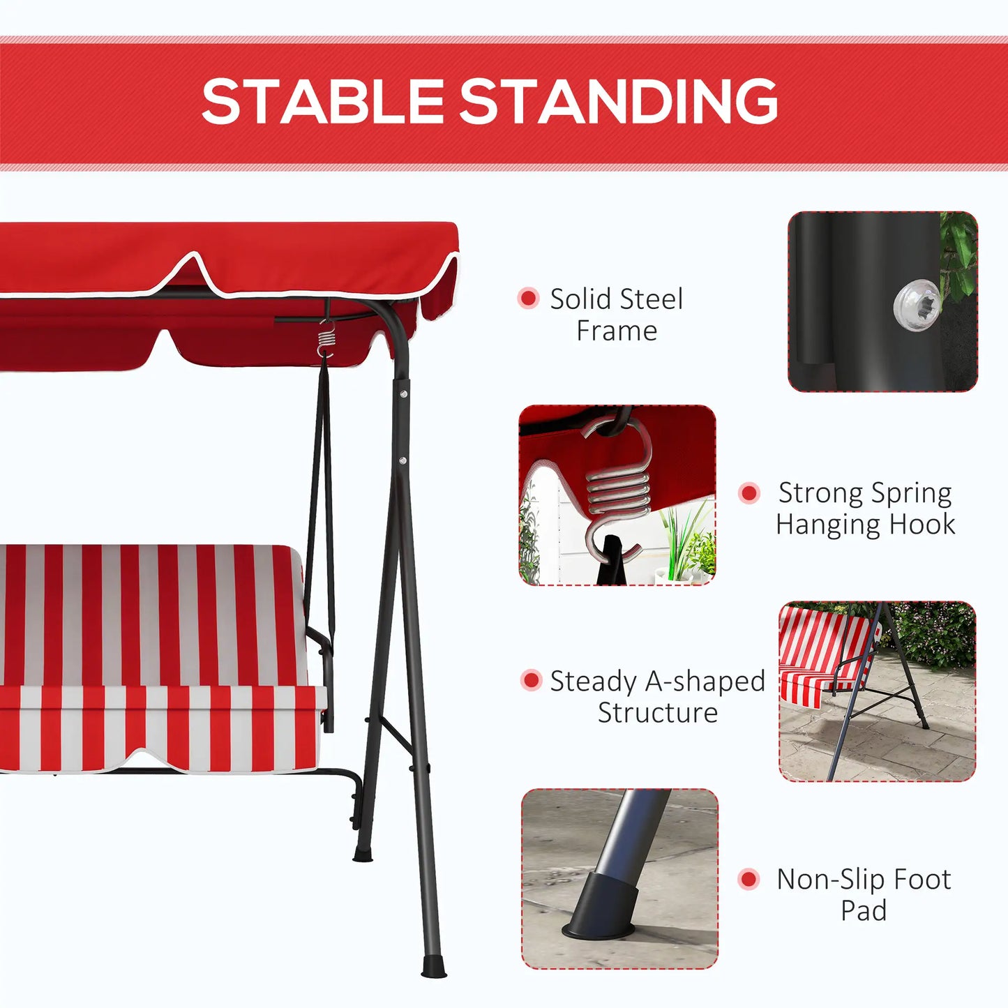 3-Seater Outdoor Porch Swing, Adjustable Canopy, Red Patio Swings with Stand at Gallery Canada