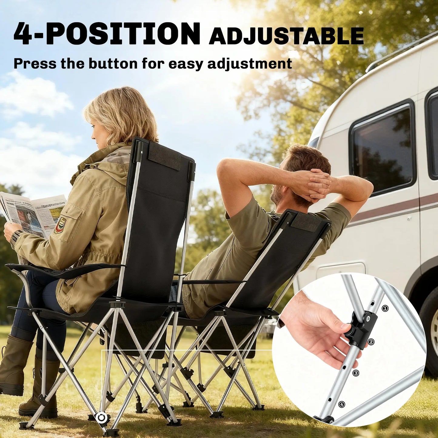 Set of 2 Reclining Camping Chairs with Foot Rest, Headrest, Cup Holder, Storage Bag, Black Picnic Tables & Camping Chairs at Gallery Canada