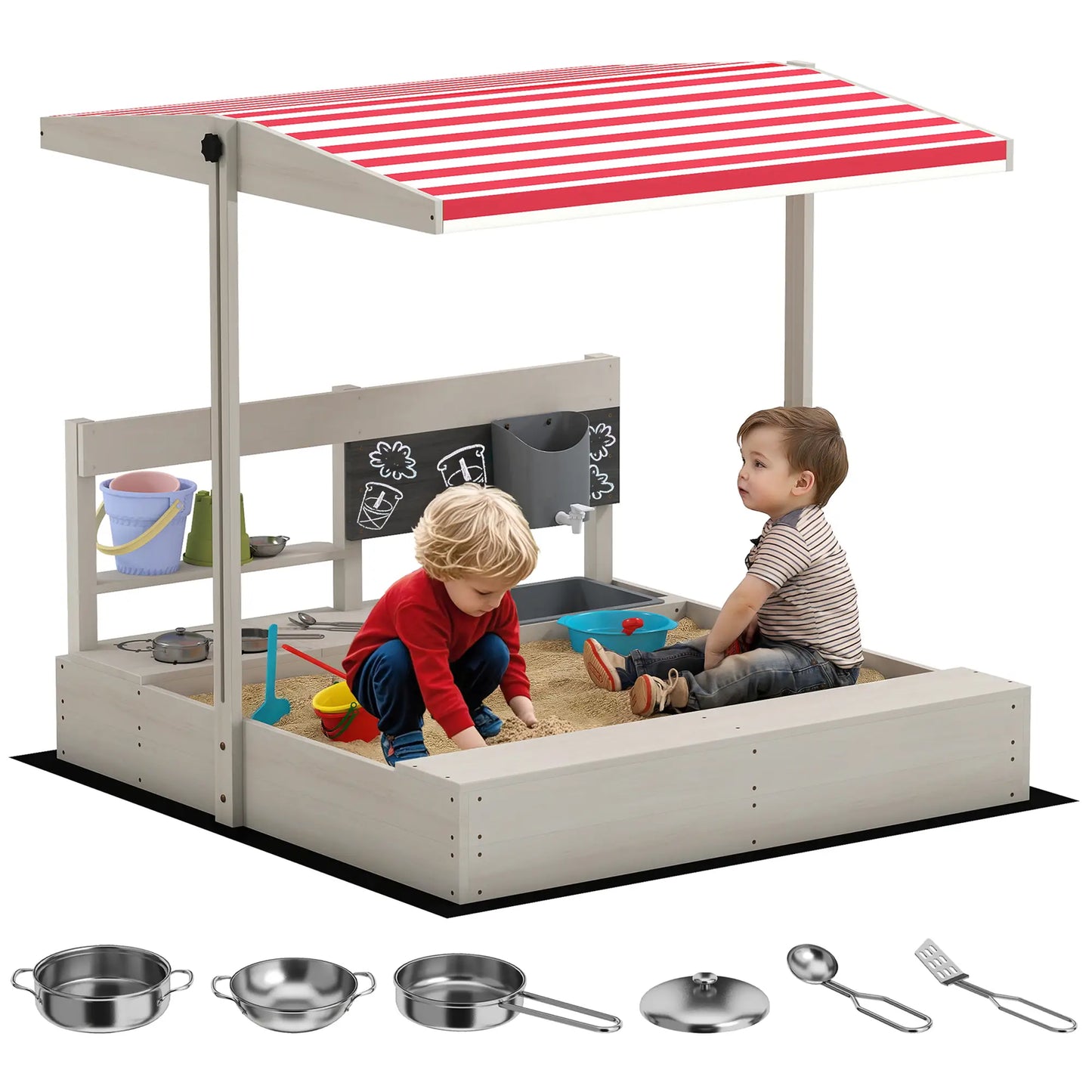 Kids Sandbox with Cover, Wooden Sand Box with Seat, Storage, 3-7 Years, Grey Sandboxes & Accessories Grey at Gallery Canada