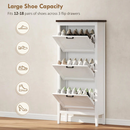 Shoe Cabinet with 3 Flip Drawers, Farmhouse Narrow Shoe Storage Cabinet with Adjustable Shelves, White Shoe Storage Cabinets & Racks at Gallery Canada