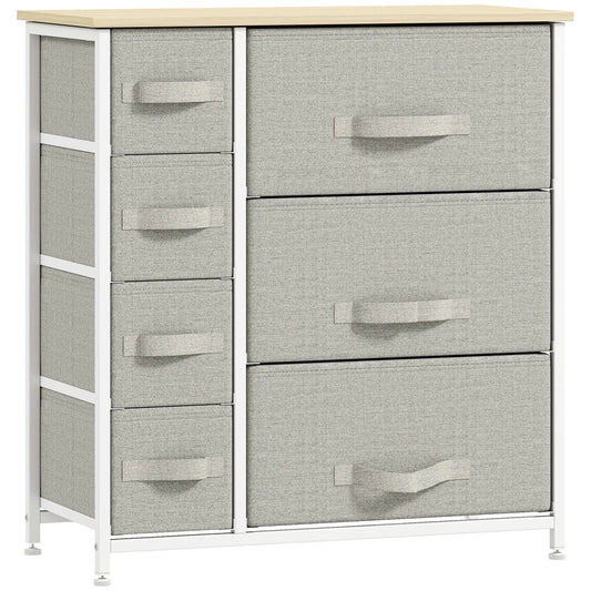 Commode à 7 tiroirs, Cadre en métal, Tissu, Gris clair
