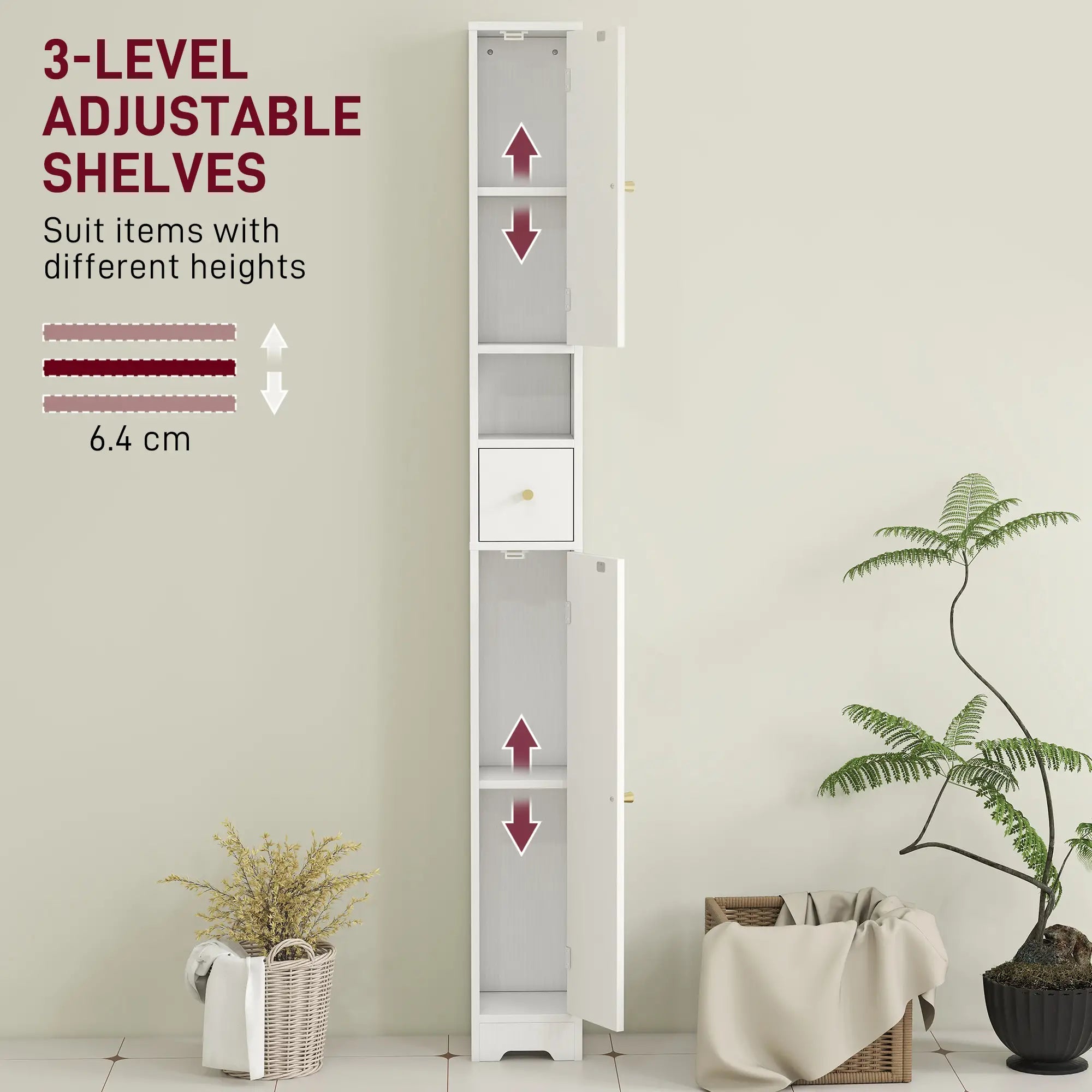 Tall Bathroom Cabinet, Modern Slim Storage, Arched Doors, White Freestanding Bathroom Cabinets at Gallery Canada