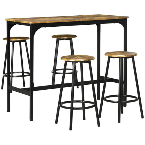 5-Piece Bar Table Set, Industrial Counter Height, Rustic Brown, Brown