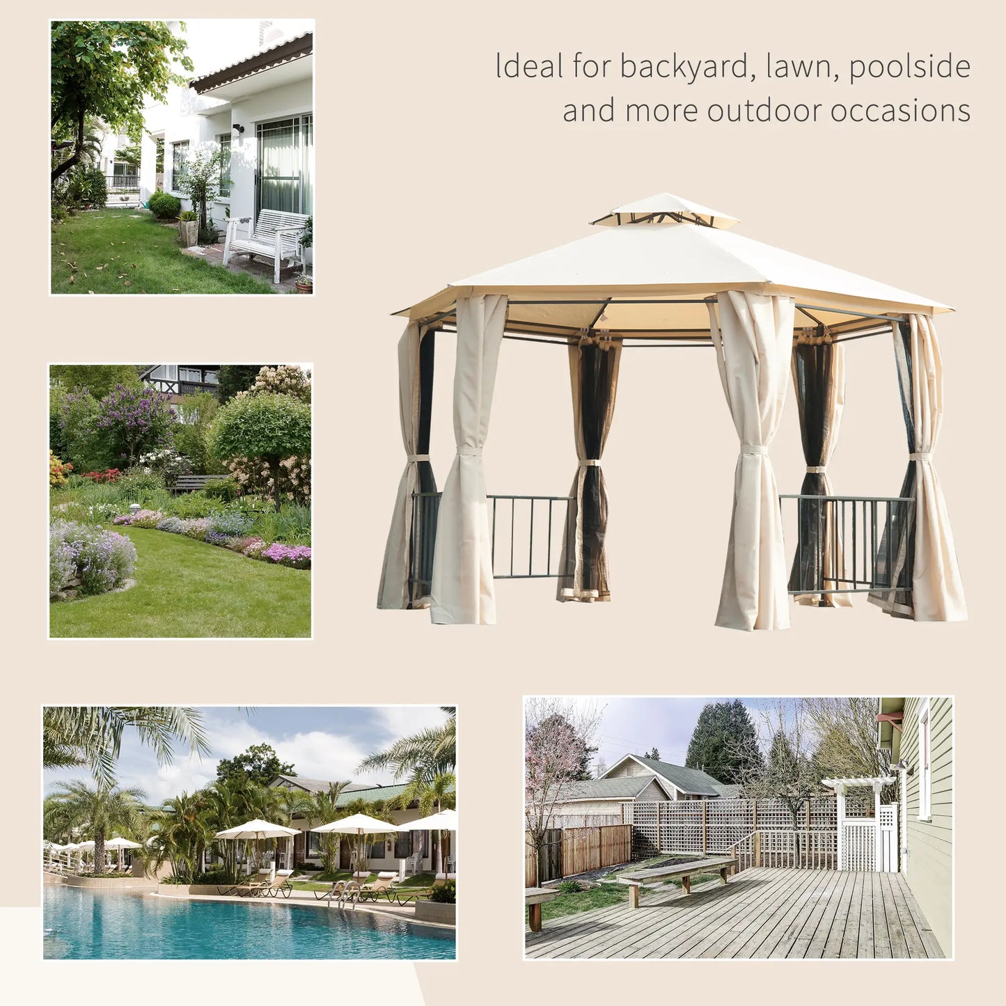 13ft Hexagon Gazebo, Outdoor Canopy Shelter, Netting, Shaded Curtains, Beige Gazebos at Gallery Canada