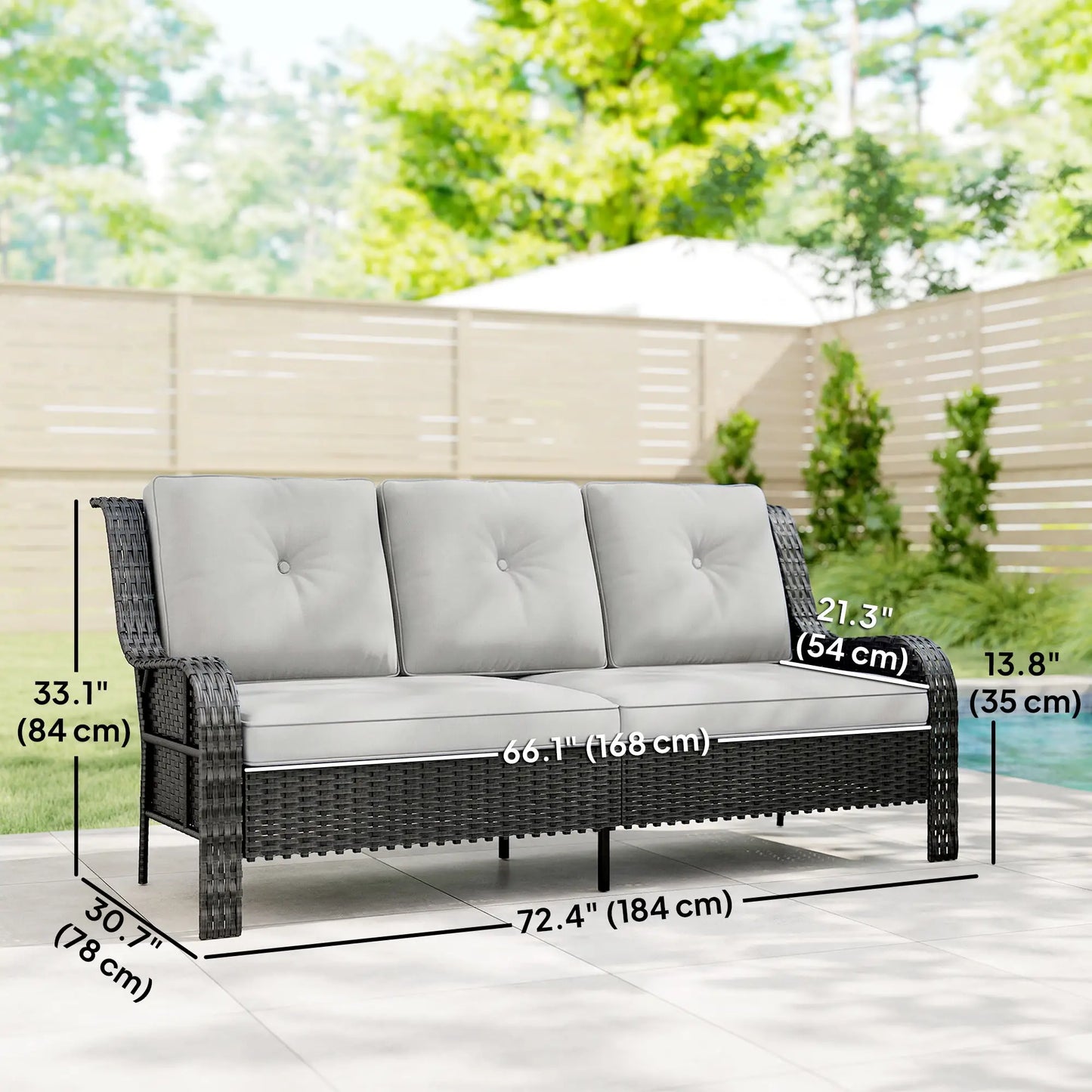 Wicker Patio Sofa With Cushions, 3 Seater Rattan Outdoor Couch, Light Grey Patio Furniture Sets at Gallery Canada