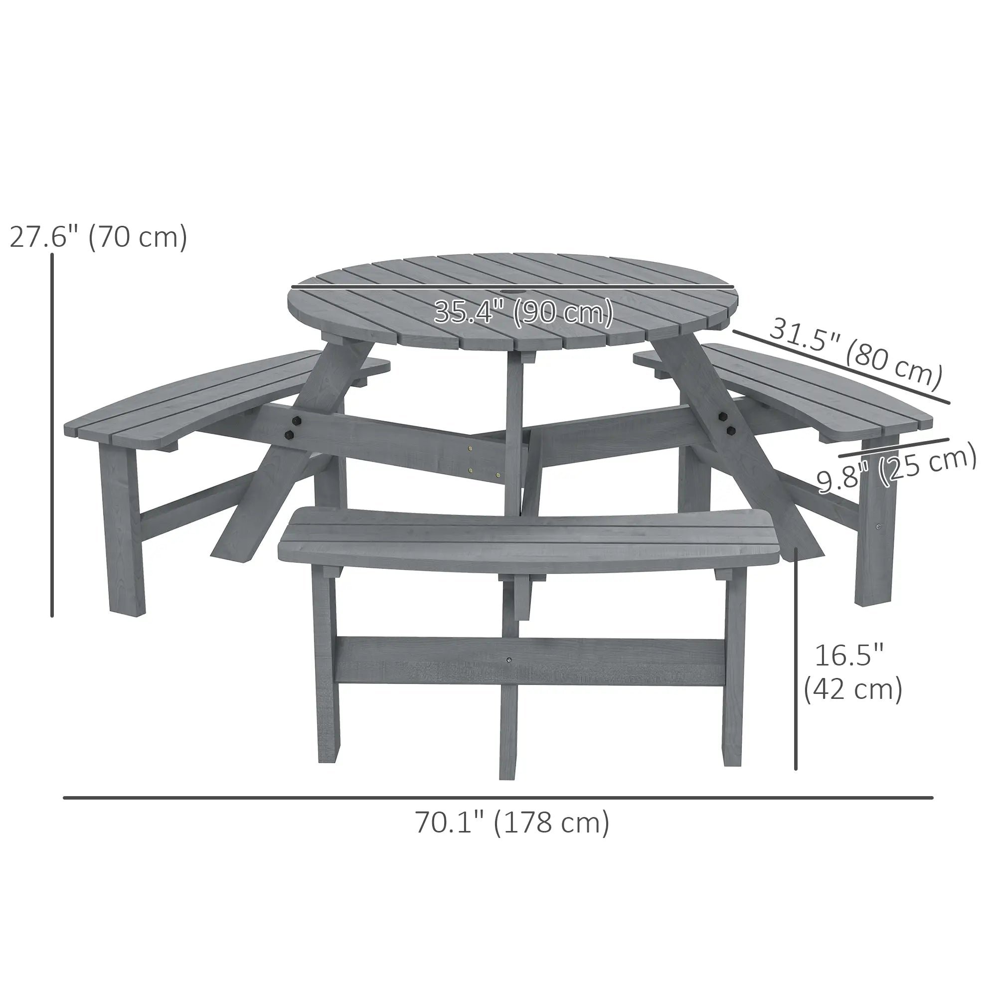 6 Person Round Picnic Table, With Umbrella Hole, 3 Built-in Benches, Grey Outdoor Dining Sets at Gallery Canada