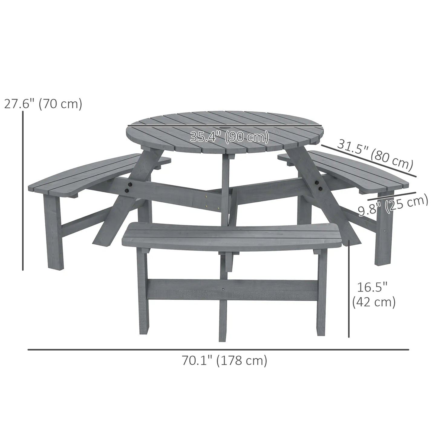 6 Person Round Picnic Table, With Umbrella Hole, 3 Built-in Benches, Grey Outdoor Dining Sets at Gallery Canada