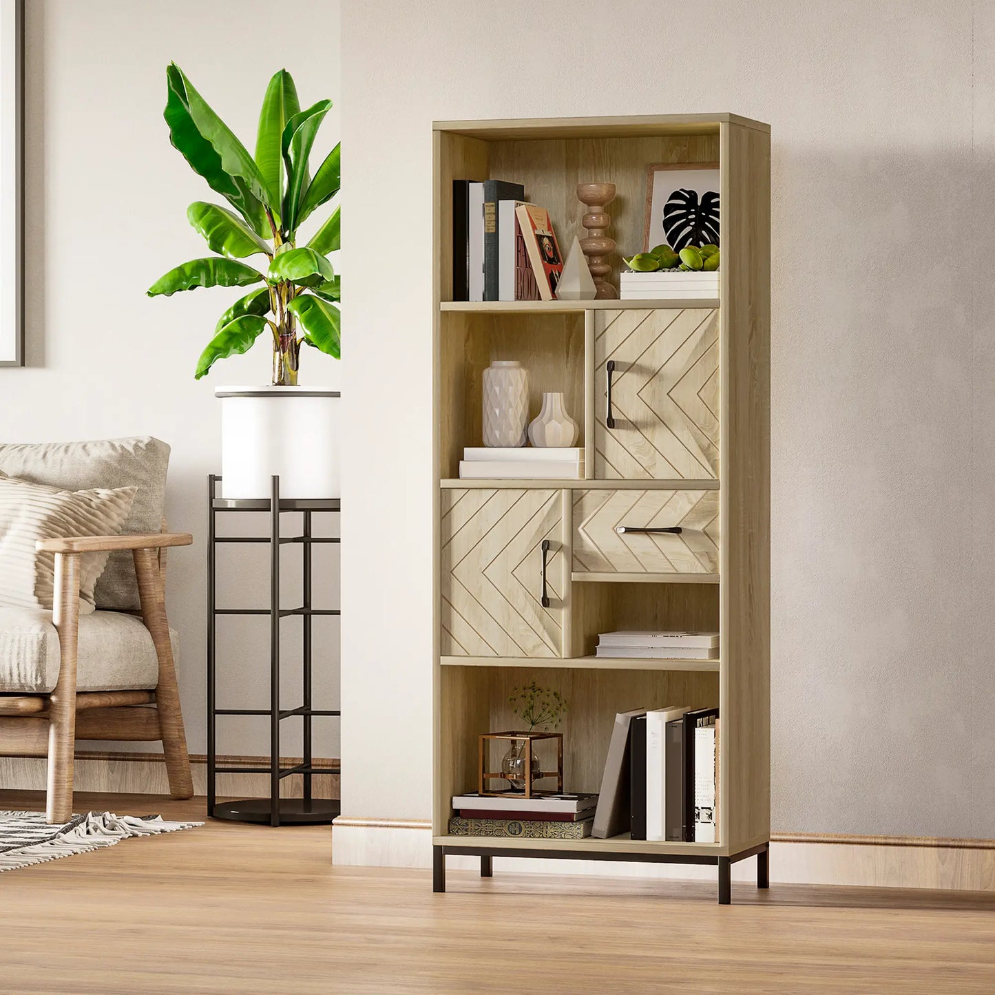 59" Bookcase, Storage Bookshelf with Cabinets, Drawer, Open Compartments, Nature Wood Bookcases With Doors at Gallery Canada