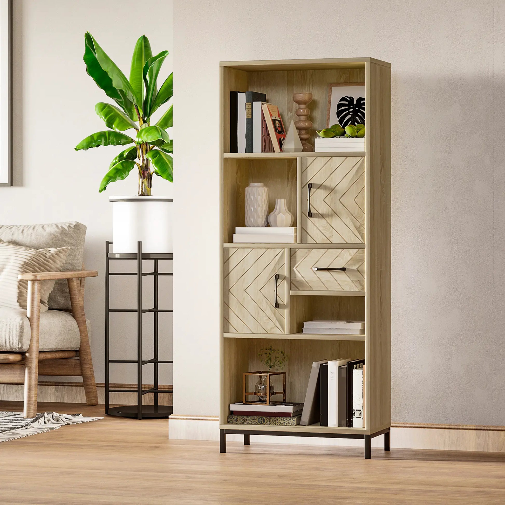 59" Bookcase, Storage Bookshelf with Cabinets, Drawer, Open Compartments, Nature Wood Bookcases With Doors at Gallery Canada