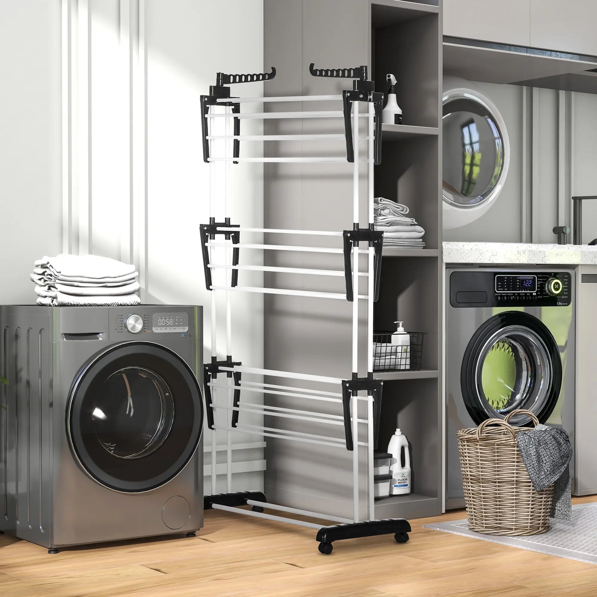 Foldable 4-Tier Steel Clothes Drying Rack, 2 Side Wings, 4 Castors, Black Bath Accessories at Gallery Canada