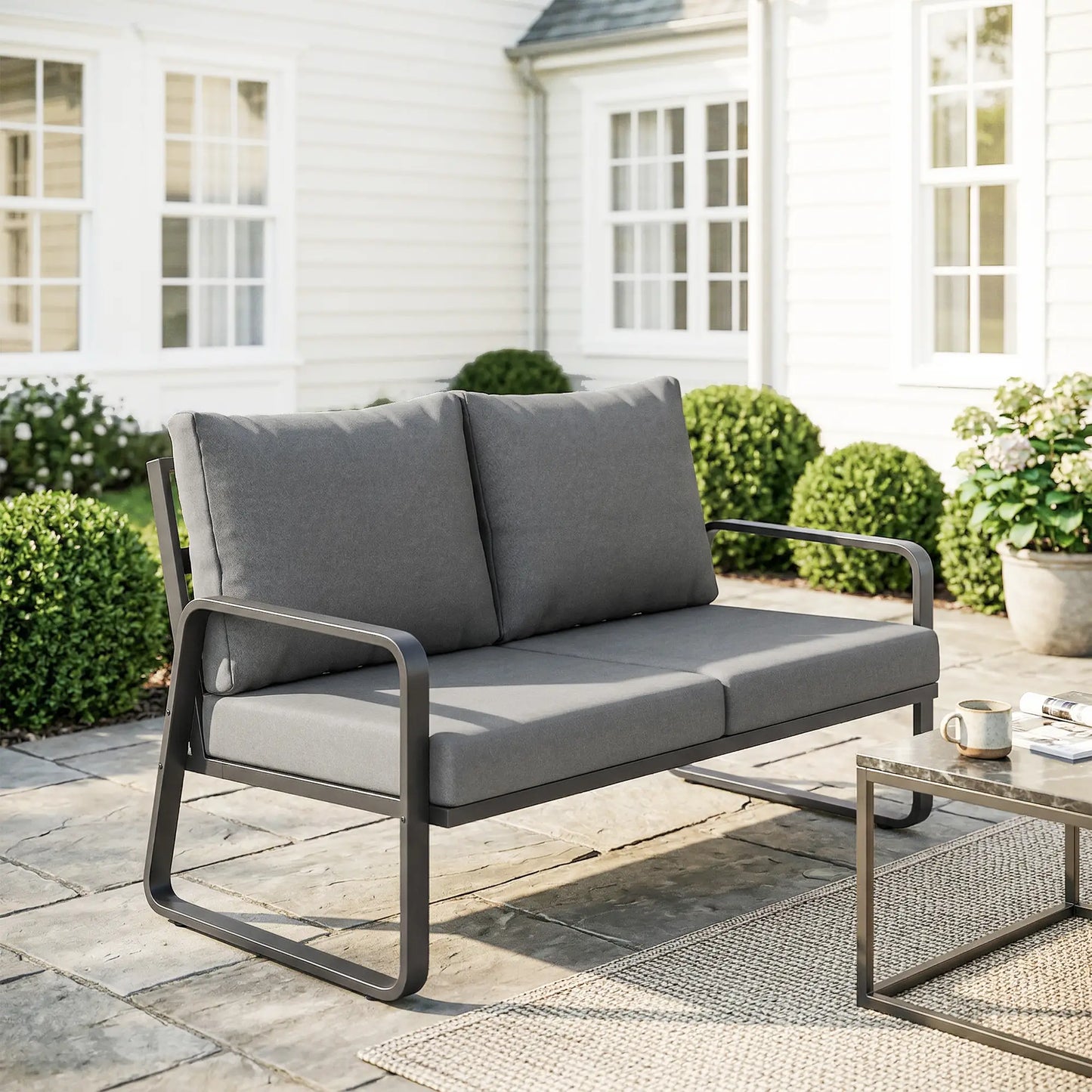 Outdoor Sofa, Thick Cushions, Patio Loveseat, 2 Seater, Black And Light Grey Patio Furniture Sets at Gallery Canada