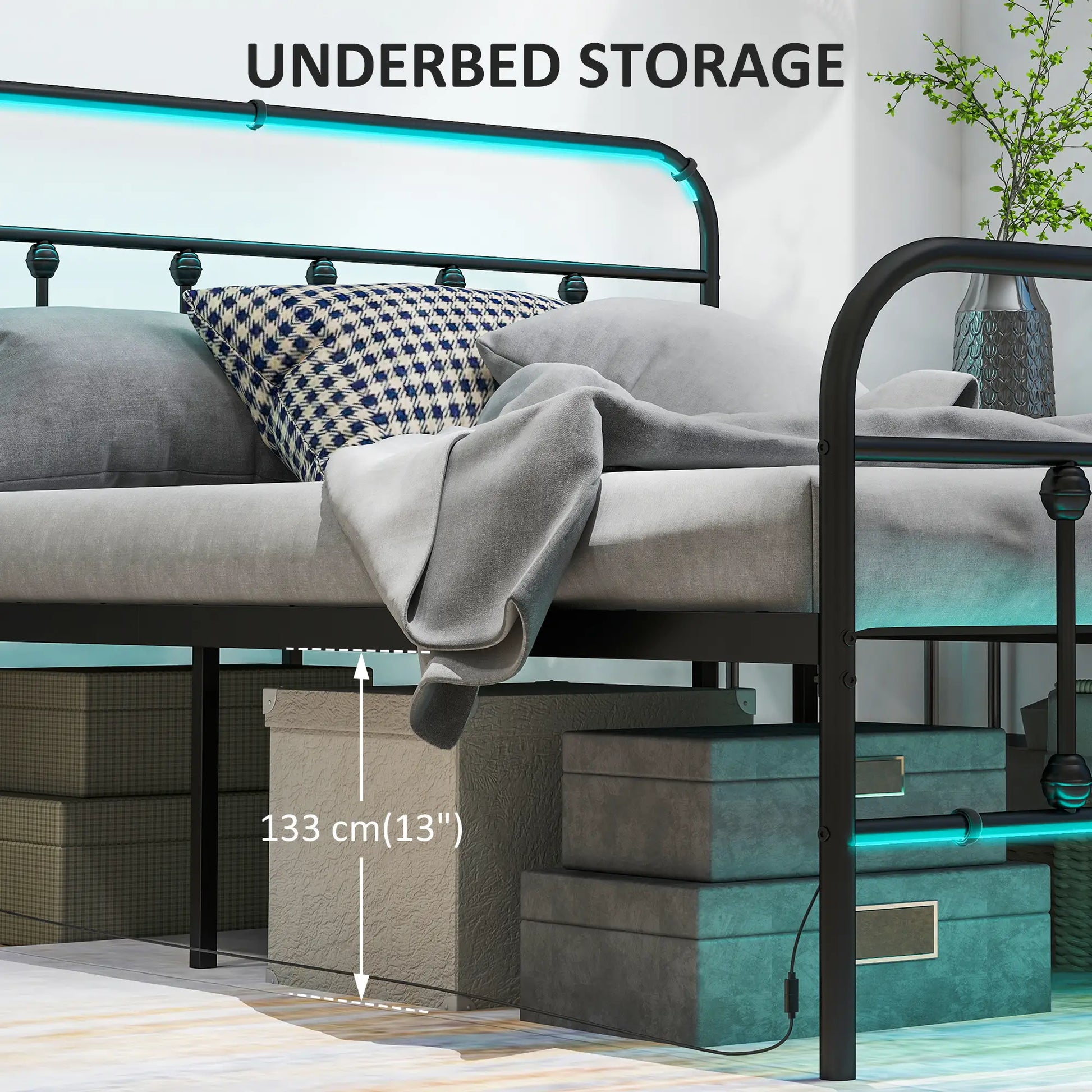 Queen Bed Frame With LED Lights, Charging Station, Under Bed Storage, Black Bed Frames at Gallery Canada