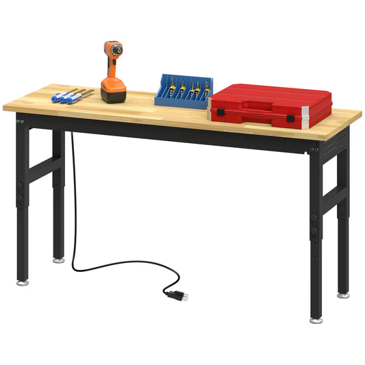 60" Adjustable Workbench, Heavy Duty Work Table with Rubber Wood Top, Power Outlets, Pegboard, 2000 LBS Capacity Tool Organizers Natural Wood, Black at Gallery Canada
