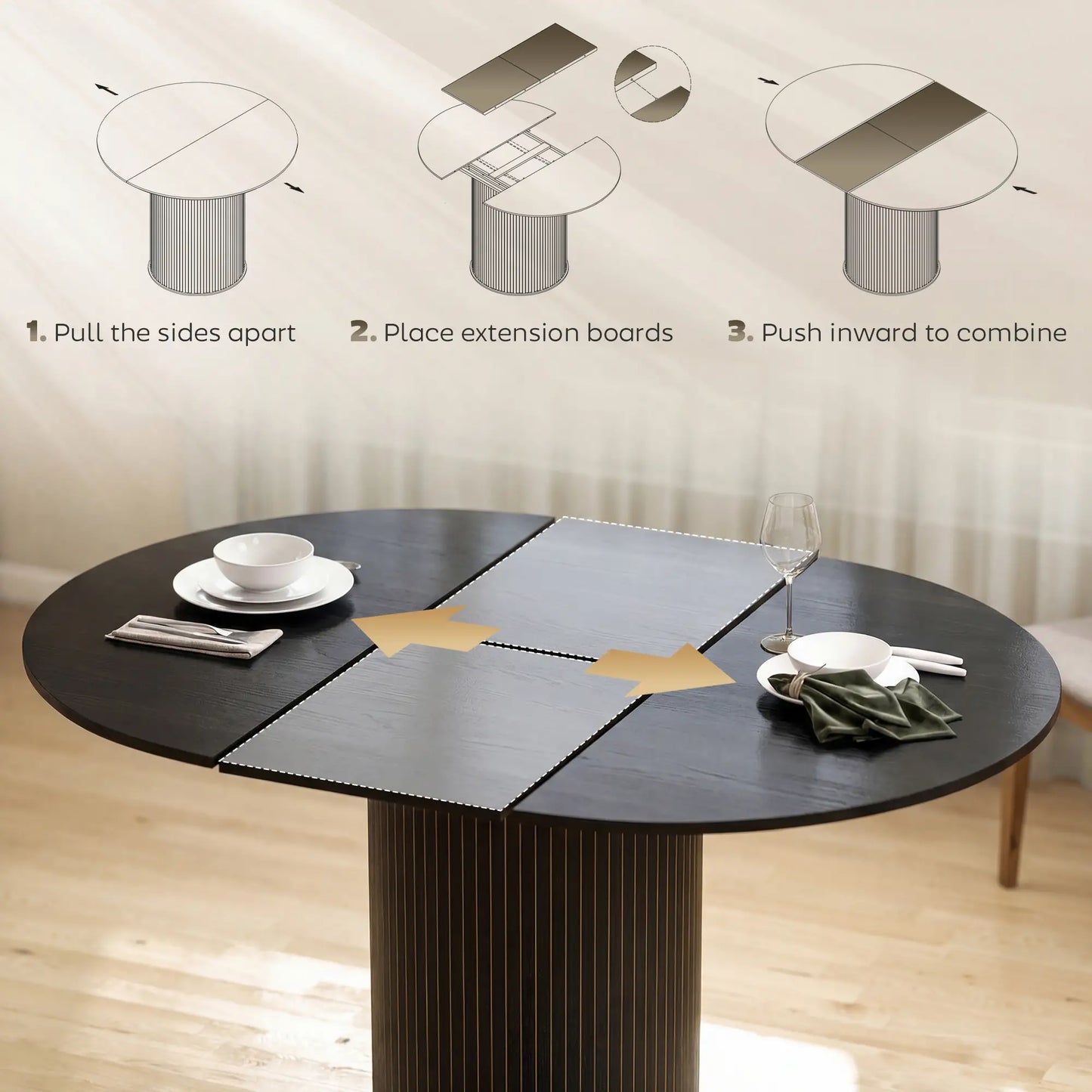 Extendable Kitchen Table, 43.5"-59", Black Wood Grain, Pedestal Base, Black Dining Tables at Gallery Canada