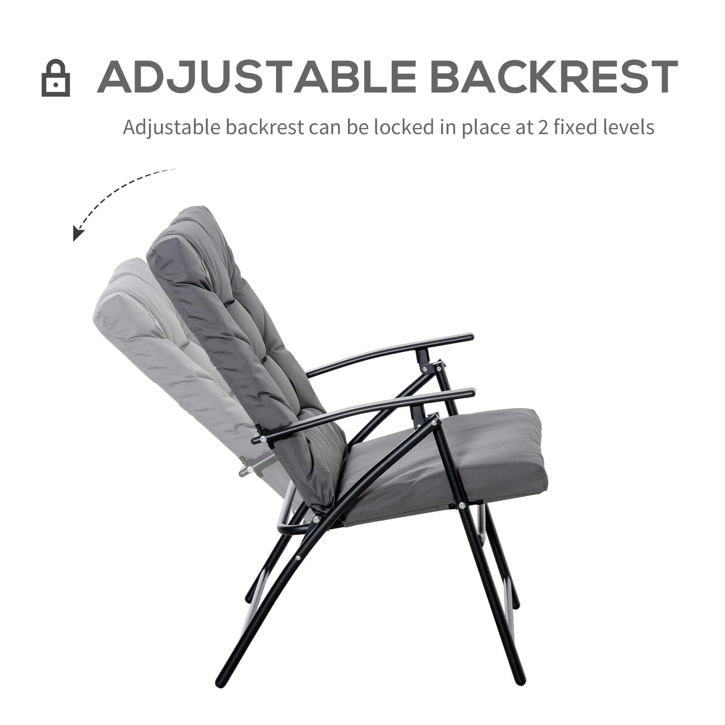 Foldable Lounge Chair, Fabric Upholstered Recliner, Outdoor Lounger with Armrest, Metal Frame for Backyard, Grey Patio Chairs at Gallery Canada