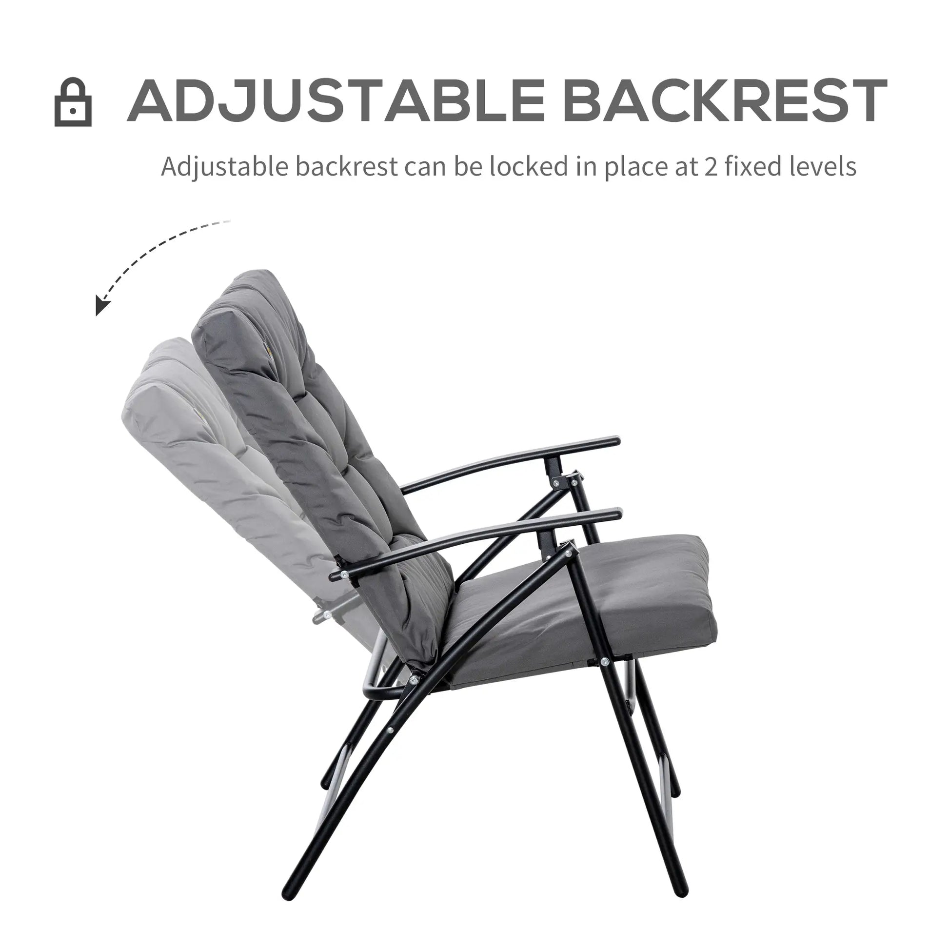 Foldable Lounge Chair, Fabric Upholstered Recliner, Outdoor Lounger with Armrest, Metal Frame for Backyard, Grey Patio Chairs at Gallery Canada