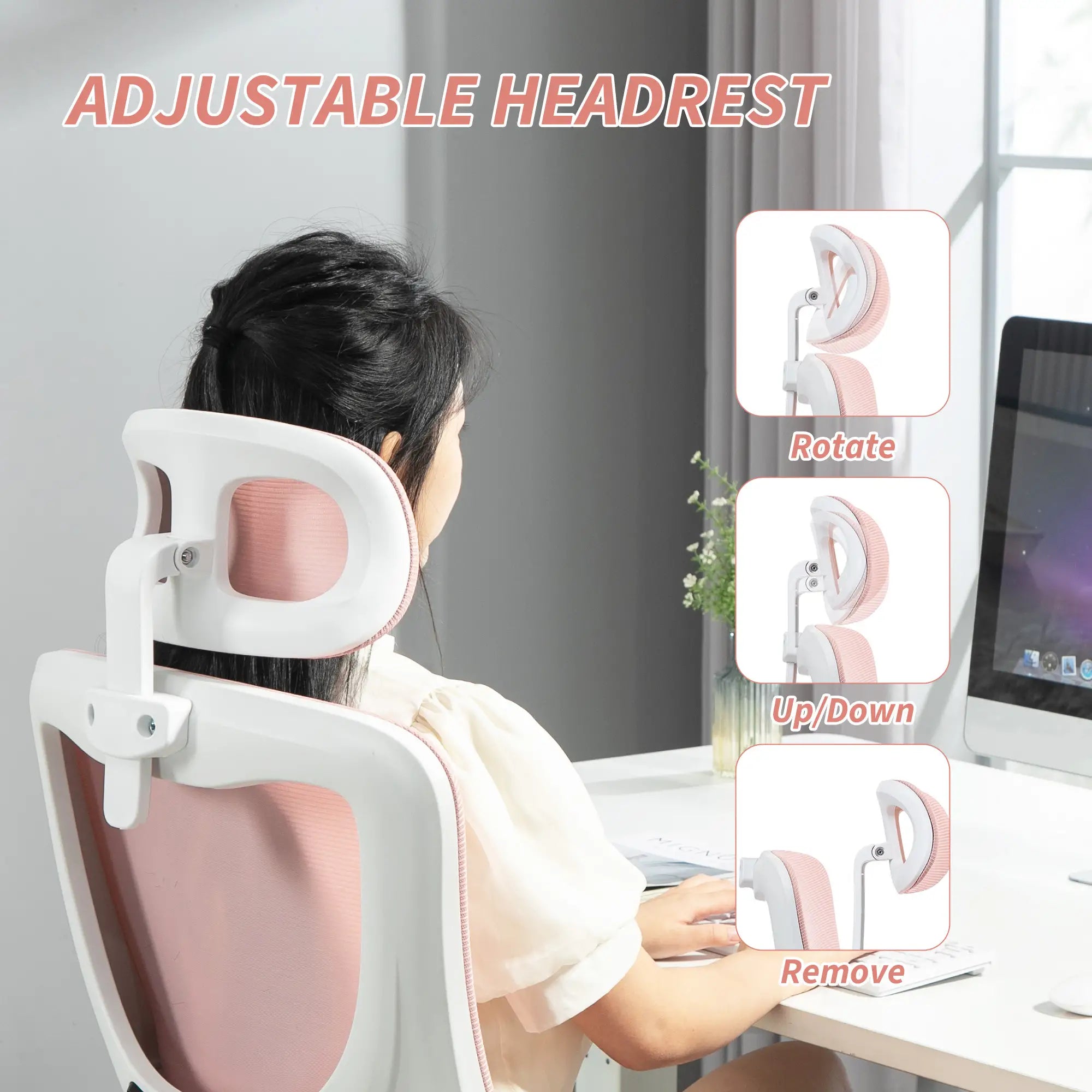 Mesh Office Chair, High Back with Headrest, Lumbar Support, Adjustable Height, Pink Executive & Manager Chairs at Gallery Canada