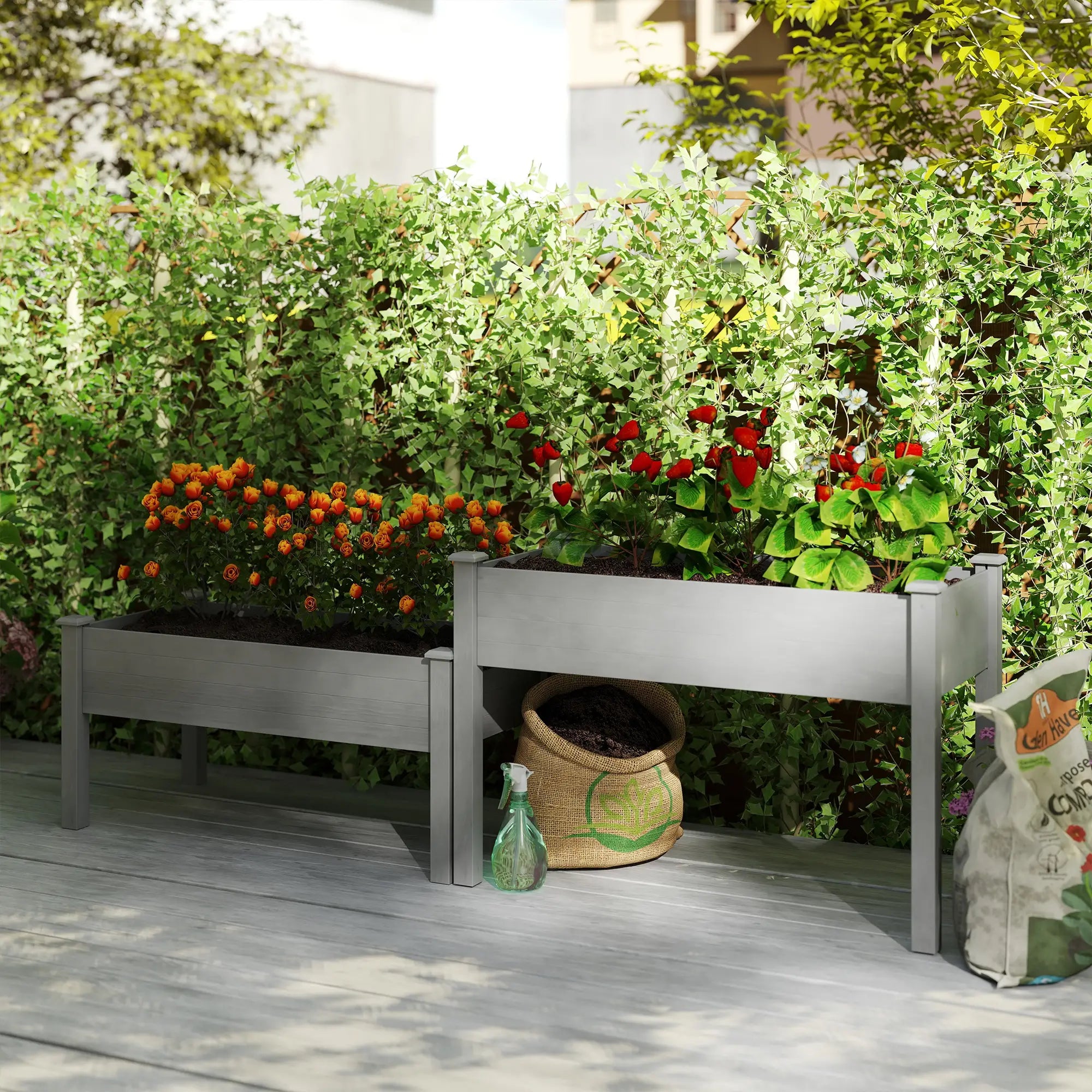 2 Tier Wood Plant Stand, Raised Bed for Flowers Vegetables, Grey Elevated Garden Beds at Gallery Canada