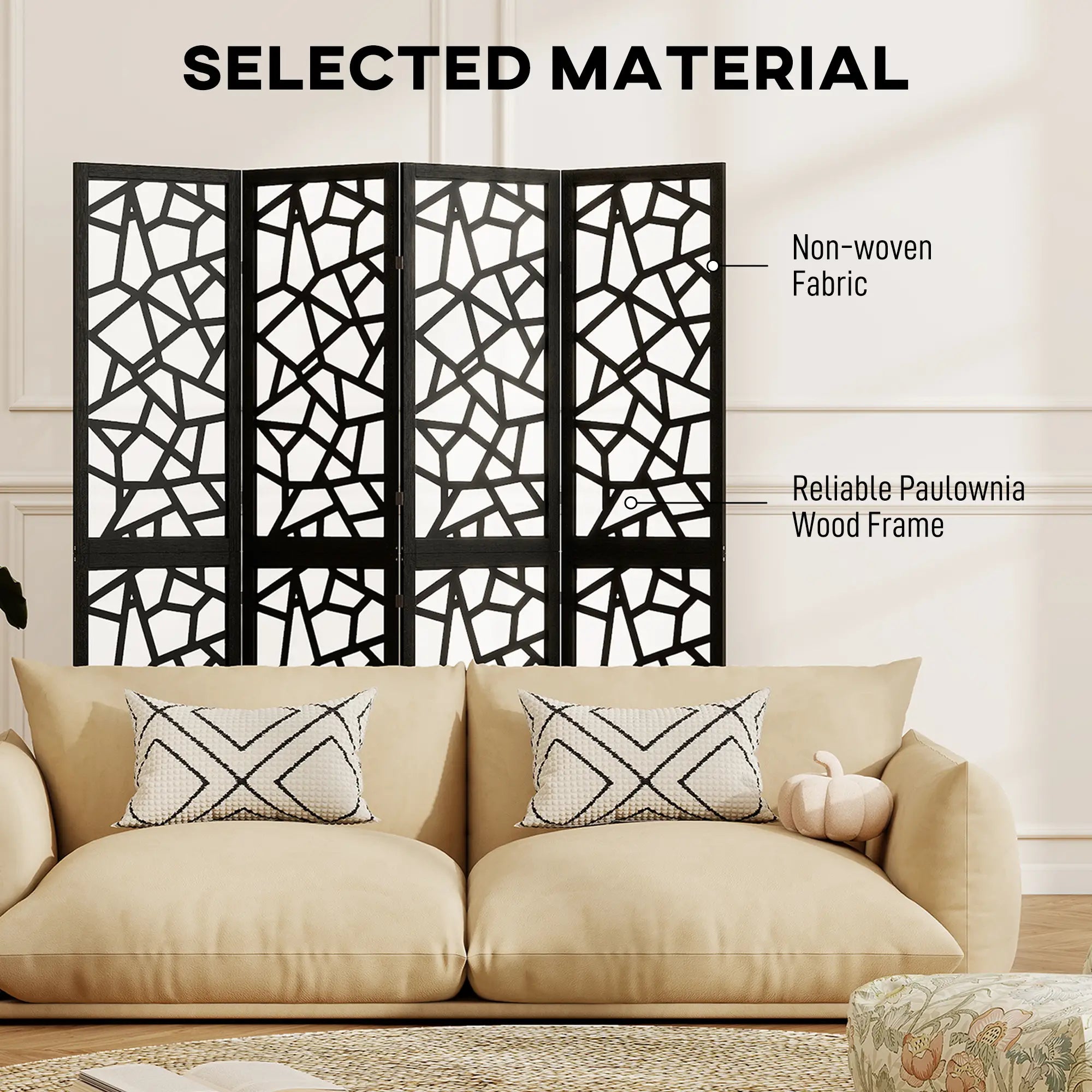 4 Panel Room Divider, 5.6 FT, Geometric Pattern Privacy Screen, Black Room Dividers at Gallery Canada