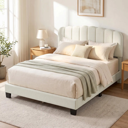 Queen Size Bed Frame, Adjustable Headboard, Linen-Feel Upholstered, Beige