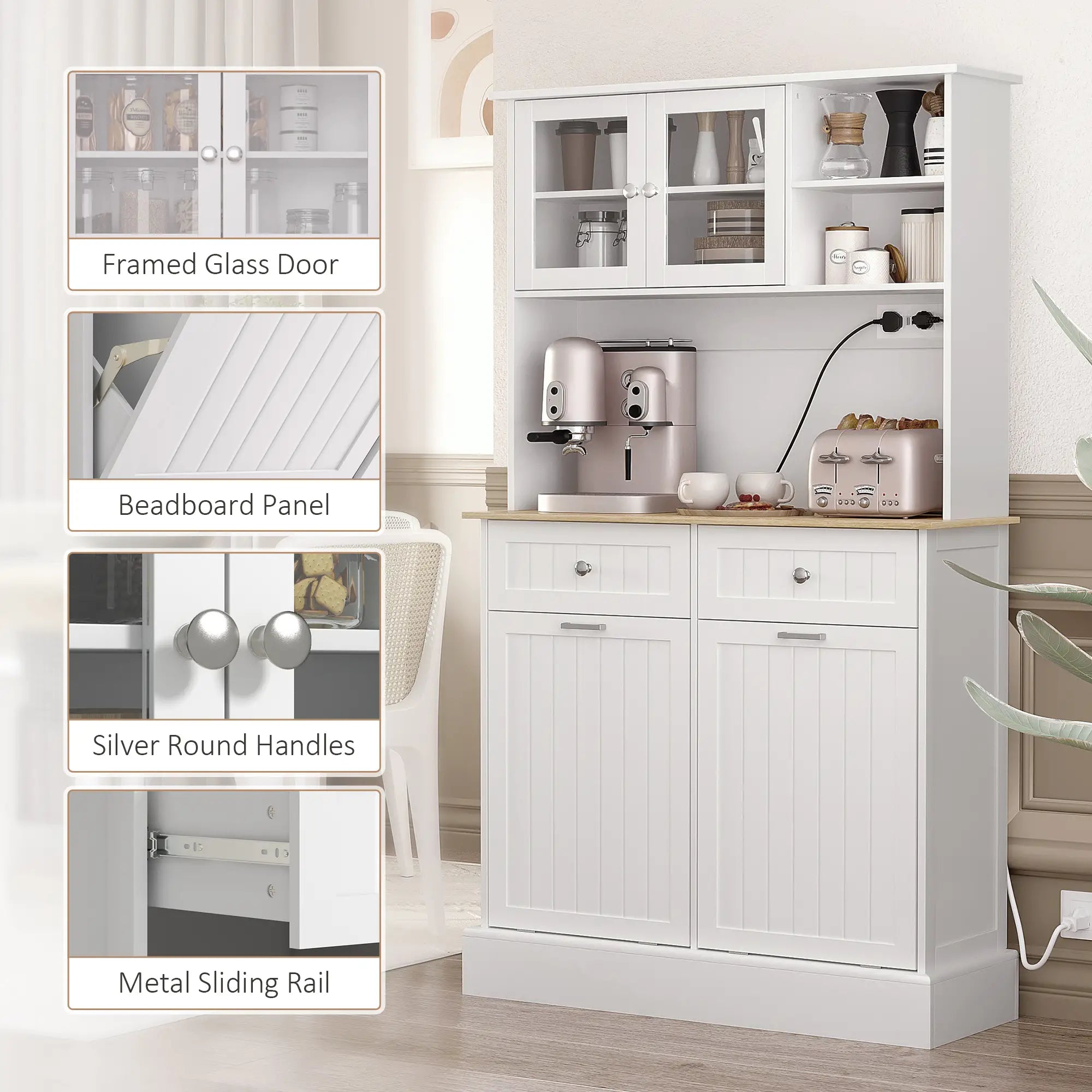 Kitchen Cabinet With Charging Station, 2 Tilt Out Cabinets, Microwave Stand, White Kitchen Pantry Cabinets at Gallery Canada