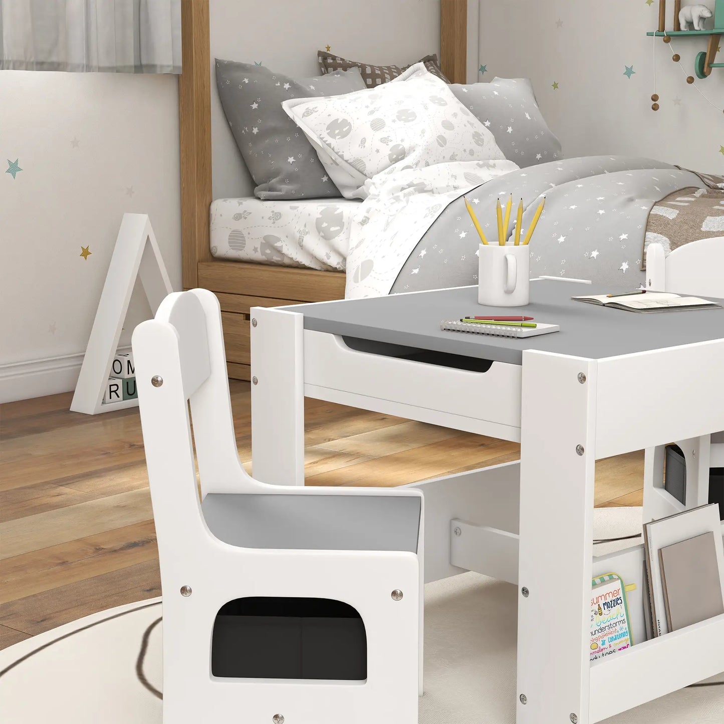 3 Piece Kids Table and Chair Set, Reversible Tabletop, Blackboard, Storage, Grey Kids Table Sets at Gallery Canada