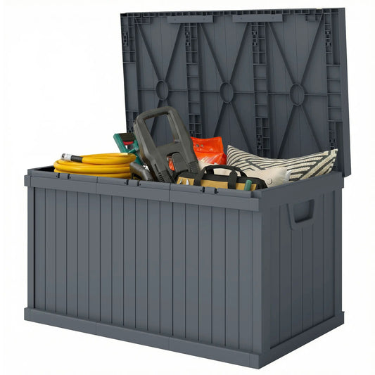 70 Gallon Deck Box, Resin Outdoor Storage Container, Dark Grey Patio Storage Boxes Dark Grey at Gallery Canada